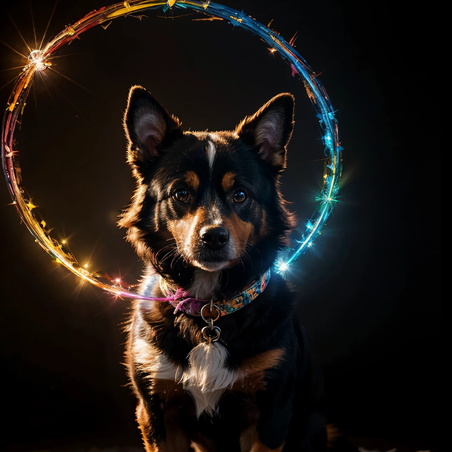 a painting of a colorful dog on a black background, breathtaking rendering, within a radiant connection, inspired by Kinuko Y. Craft,, magical elements, wow, is beautiful, casting a multi colorful spell, bright flash, flash