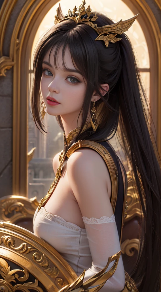 unity 8k wall paper, ultra-detailliert, Beautifully Aesthetic, masterpiece, top-quality, 1人の女性, ighly detailed, Dynamic angles, The most beautiful forms, elegent, Vibrant colors, fantasy atmosphere, (best qualtiy, ultra - detailed,Most Best Illustration, Best Shadow, tmasterpiece, hight resolution, professionalartwork, famousartwork), Detailed eyes, beautidful eyes, extremely high detail, 3 d goddess portrait, perfectly proportions, Beautiful, well-groomed and perfect face, Beautiful detailed eyes, Detailed skin, Extraordinary Beauty, High contrast, Best Quality, hyper quality, Extremely delicate and beautiful, Well-groomed eyes, Detailed eyes, A detailed face, Well-groomed and beautiful face, No skin exposure, Pretty Face, Beautiful and well-groomed face, Beautiful face, tthin eyebrows, extremely fine and beautiful, utopian, Light from Heaven, Depiction from various angles, (((SFW))), 超A high resolution, Fantasy painting style, Front lighting, intricate detailes, Exquisite details and textures, Professional Lighting, Photon mapping, Radio City, Physically-based rendering, Heavy-looking armor that shines in gold, glossy dark hair, Longhaire, ((poneyTail)),