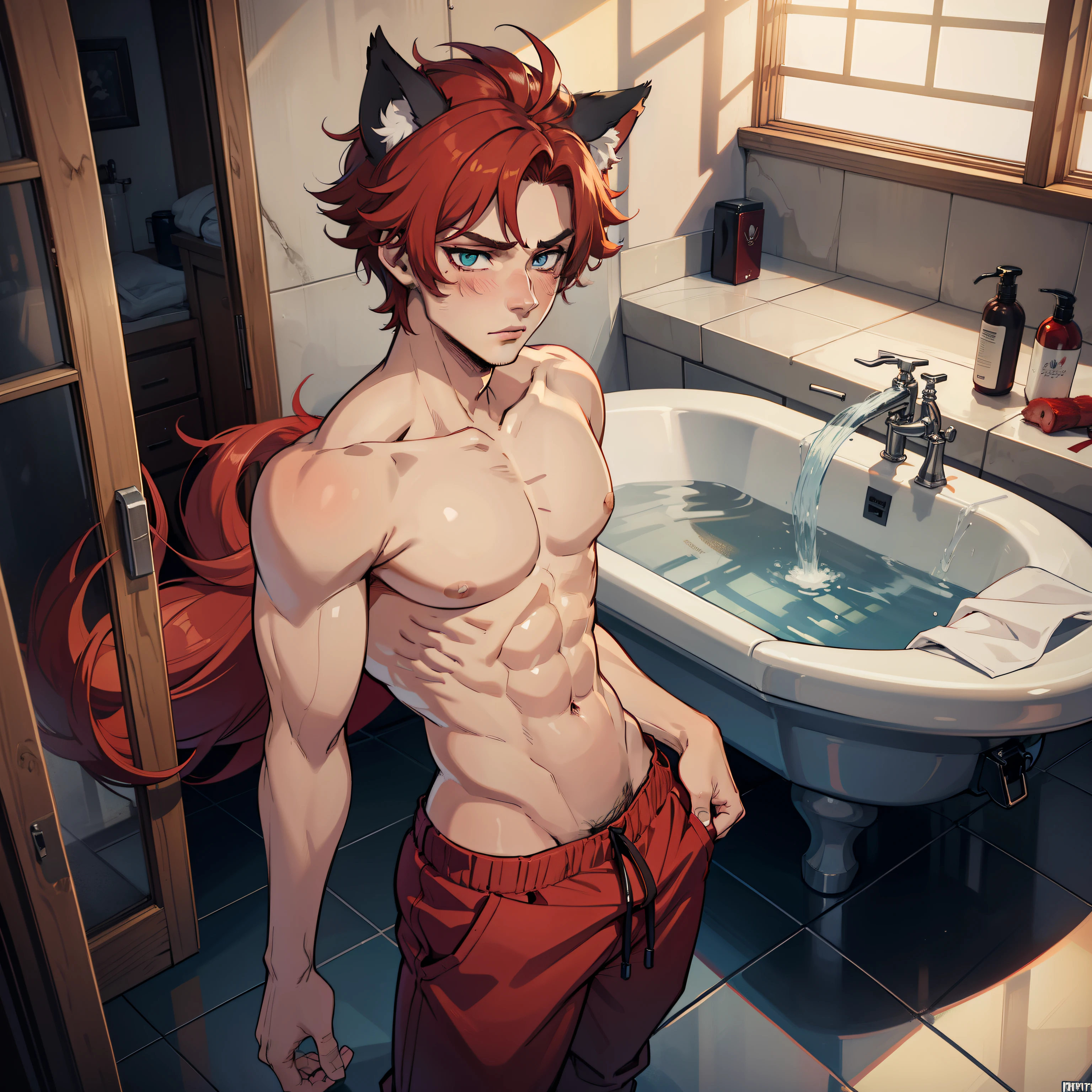 1boy, wolf ears, wolf tail, short fluffy red hair, sharp blue eyes, slim waist, ultra masterpiece, shirtless, sweatpants, bathroom setting, big thighs, seductive, blush, wide hips, effeminate boy