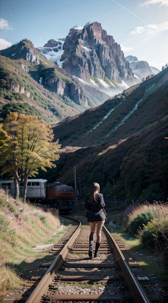 There is a beauty standing on the train tracks, with signs, landscape artwork, anime background art, loepfe art, detailed scenery – width 672, landscape art detailed, loepfe art style, beautiful anime landscape, made with anime painter studio, background artwork, anime country landscape, beautiful art UHD 4 K, anime art wallpaper 8 K, anime landscape