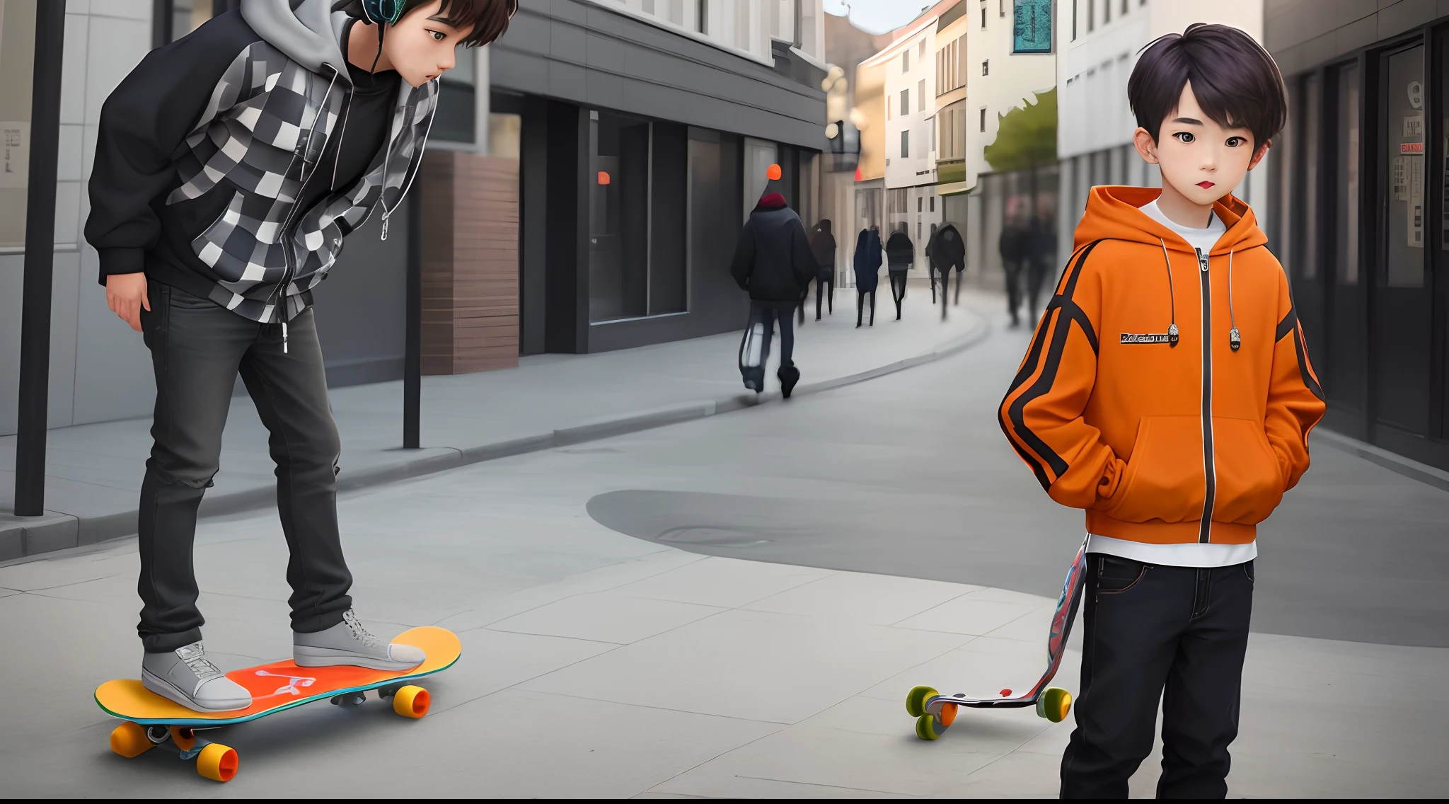 A boy, green checkered shirt, gray hooded zip-up, black headset, Brunette, orange skateboard, JINS