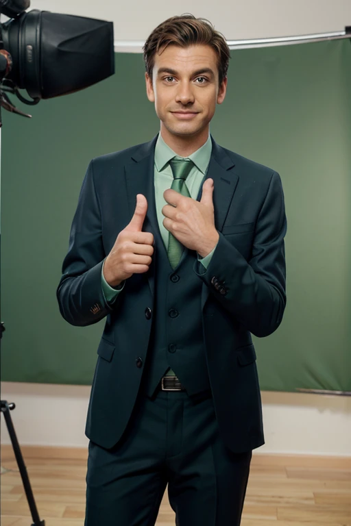 casual man in a suit and tie standing in front of a green screen, green screen, commercial shot, commercial photo shoot, behind the scenes photo, photo from a promo shoot, making of, wave a hand at the camera, photoshooting, photoshoot, waving at the camera, photo shoot, pointing at the camera, commercial photo