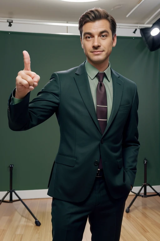 casual man in a suit and tie standing in front of a green screen, green screen, commercial shot, commercial photo shoot, behind the scenes photo, photo from a promo shoot, making of, wave a hand at the camera, photoshooting, photoshoot, waving at the camera, photo shoot, pointing at the camera, commercial photo