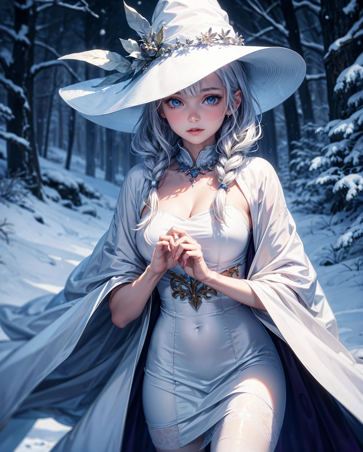 (masterpiece,best quality:1.5), photorealistic, vivid, vibrant ,1girl, solo, looking at viewer, crystalise eyes, ice, white dress, cystalize hair ornaments, white witch, white witch hat, white witch cloak ,glowing, snow, glowing eyes, snowy background, winter