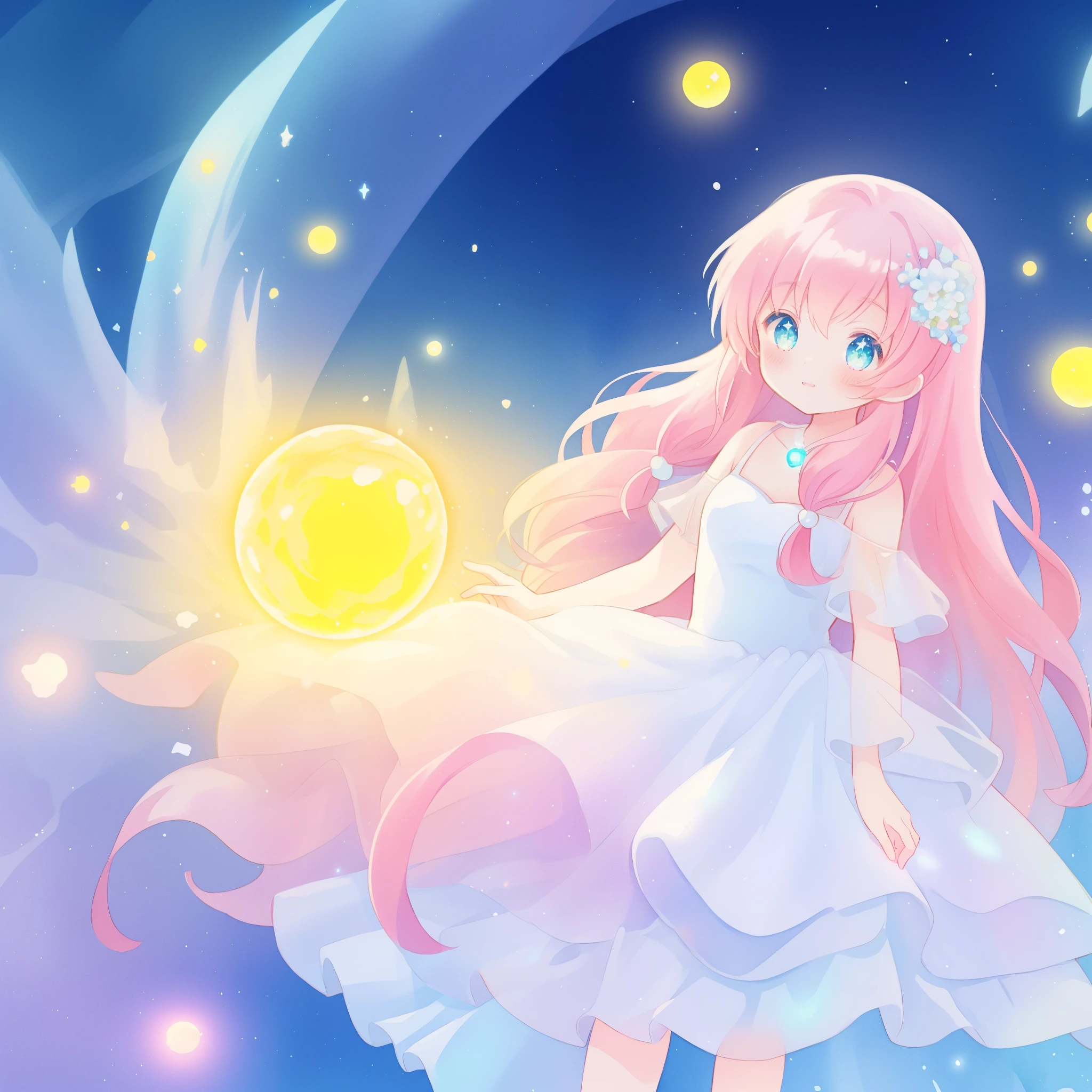 beautiful girl in sparkling white dress holding a magical sphere, ((sparkling puffy layered ballgown)), (magical, whimsical), (glowing magical orb), long flowing colorful hair, colorful fantasia background, watercolor illustration, disney art style, glowing aura around her, glowing lights, beautiful digital illustration, fantasia otherworldly landscape plants flowers, beautiful, masterpiece, best quality, anime disney style