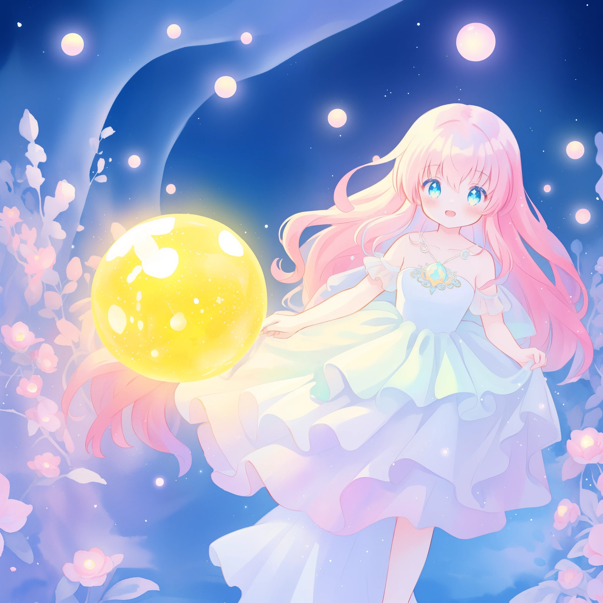 beautiful girl in sparkling white dress holding a magical sphere, ((sparkling puffy layered ballgown)), (magical, whimsical), (glowing magical orb), long flowing colorful hair, colorful fantasia background, watercolor illustration, disney art style, glowing aura around her, glowing lights, beautiful digital illustration, fantasia otherworldly landscape plants flowers, beautiful, masterpiece, best quality, anime disney style