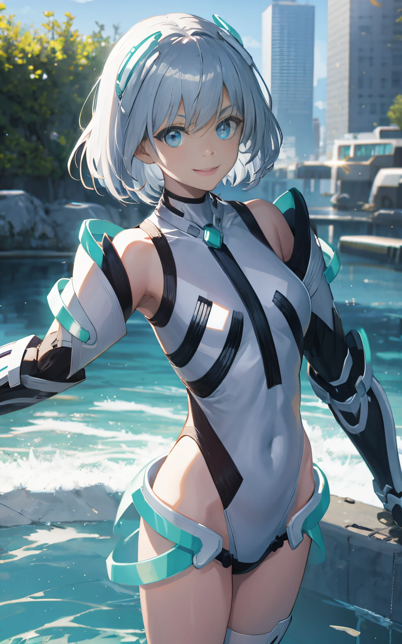 lightsmile, deva battle suit, Outdoors, Silver hair, bobhair, Blue eyes, waist shot