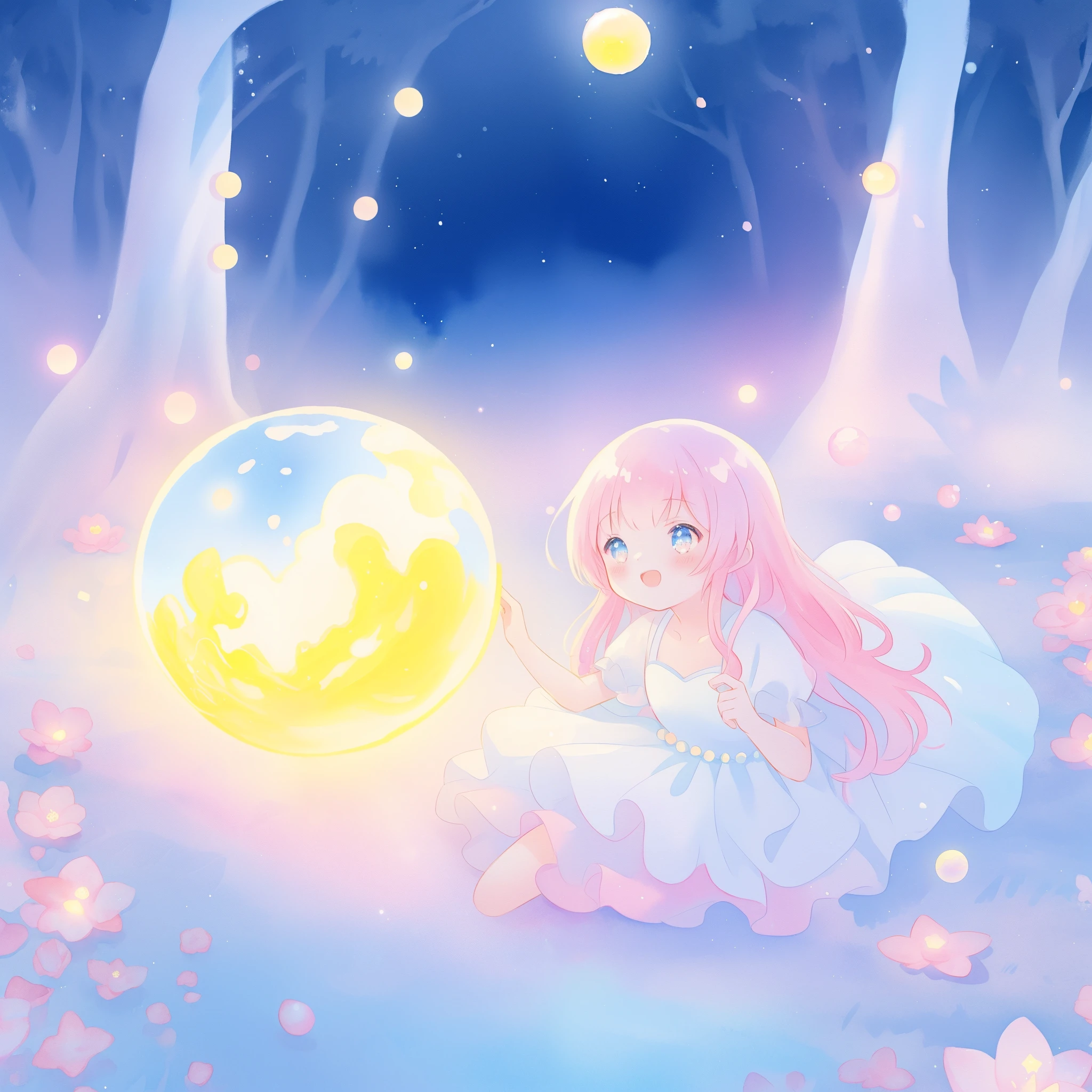 beautiful girl in sparkling white dress holding a magical sphere, ((sparkling puffy layered ballgown)), (magical, whimsical), (glowing magical orb), long flowing colorful hair, colorful fantasia background, watercolor illustration, disney art style, glowing aura around her, glowing lights, beautiful digital illustration, fantasia otherworldly landscape plants flowers, beautiful, masterpiece, best quality, anime disney style