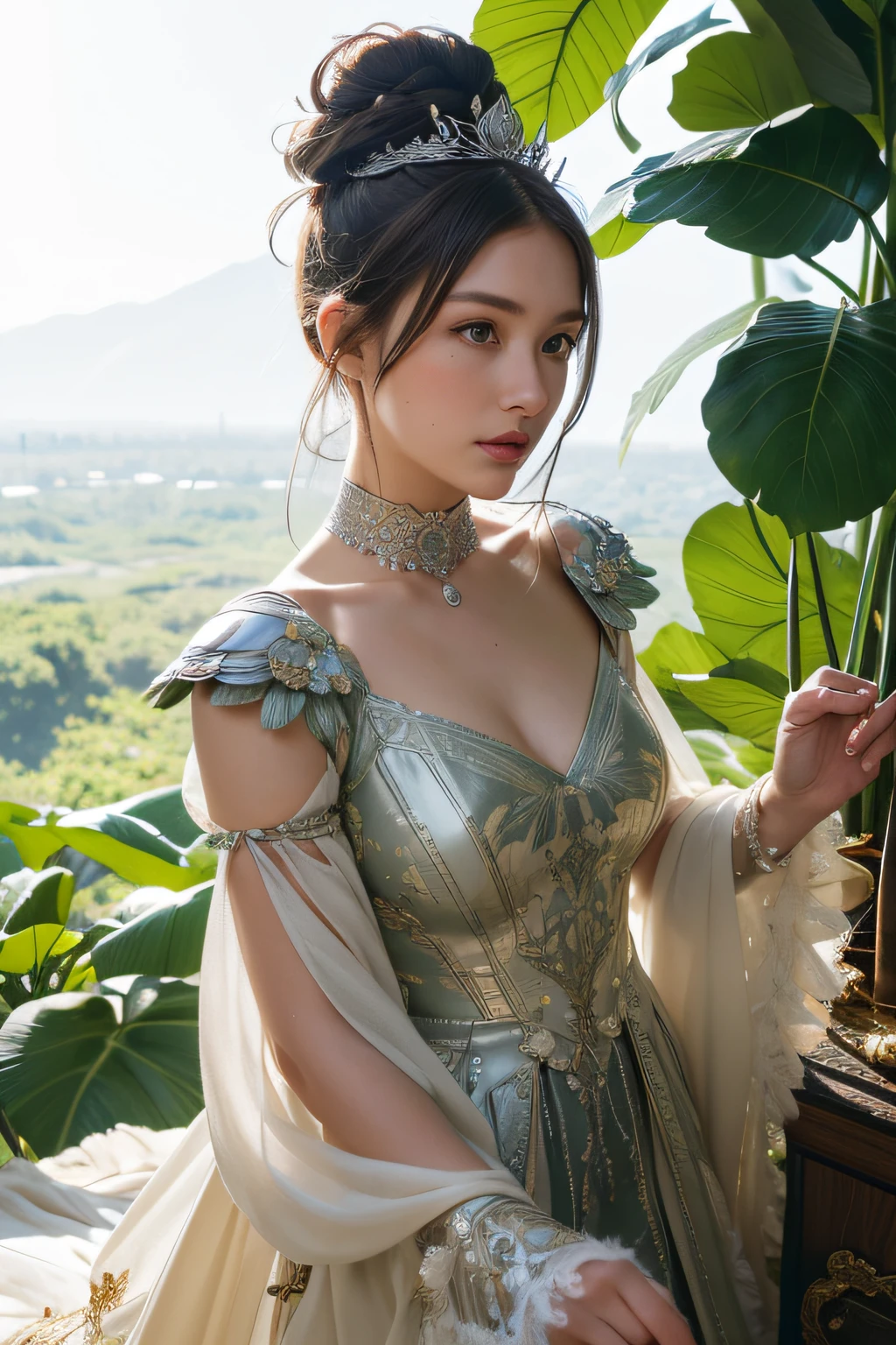 ((Extreme Detail)),(Ultra-detailed),(Painting), Chiaroscuro, the Extremely Detailed CG Unity 8K Wallpapers, Gwendolyn, Hip feathers, polearm holding,  straplessdress, diadems, Detached sleeves, Choker, Armored Thigh Boots, Feather Hair Buns, Facing forward, Looking at Viewer, White background, bug, butterfly, tussock, hydrangeas, fronds, mushroom, Nature, plant, apple, Looking away, Looking Up, From  above,