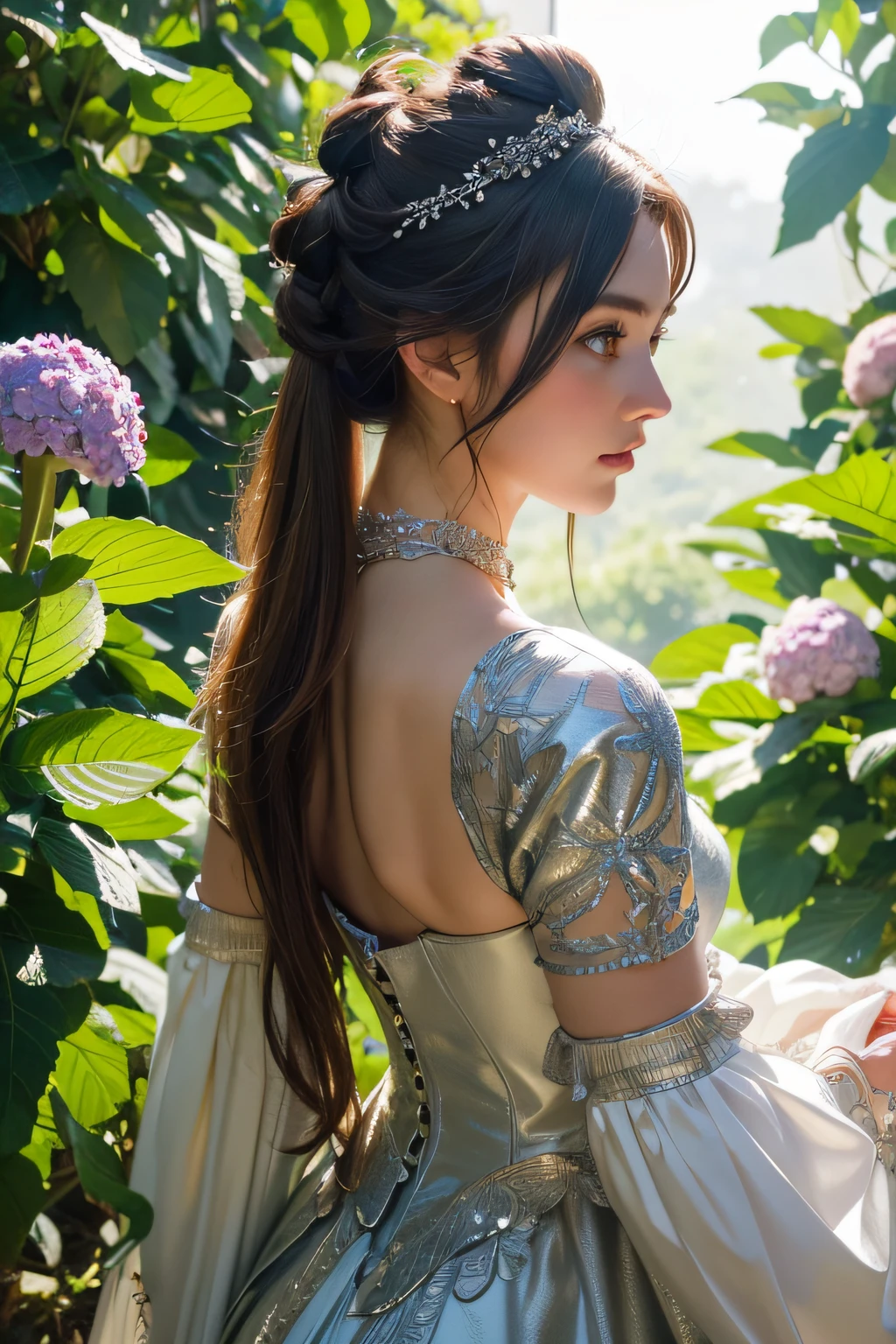 ((Extreme Detail)),(Ultra-detailed),(Painting), Chiaroscuro, the Extremely Detailed CG Unity 8K Wallpapers, Gwendolyn, Hip feathers, polearm holding, straplessdress, diadems, Detached sleeves, Choker, Armored Thigh Boots, Feather Hair Buns, Facing forward, Looking at Viewer, White background, bug, butterfly, tussock, hydrangeas, fronds, mushroom, Nature, plant, apple, Looking away, Looking Up, From above,