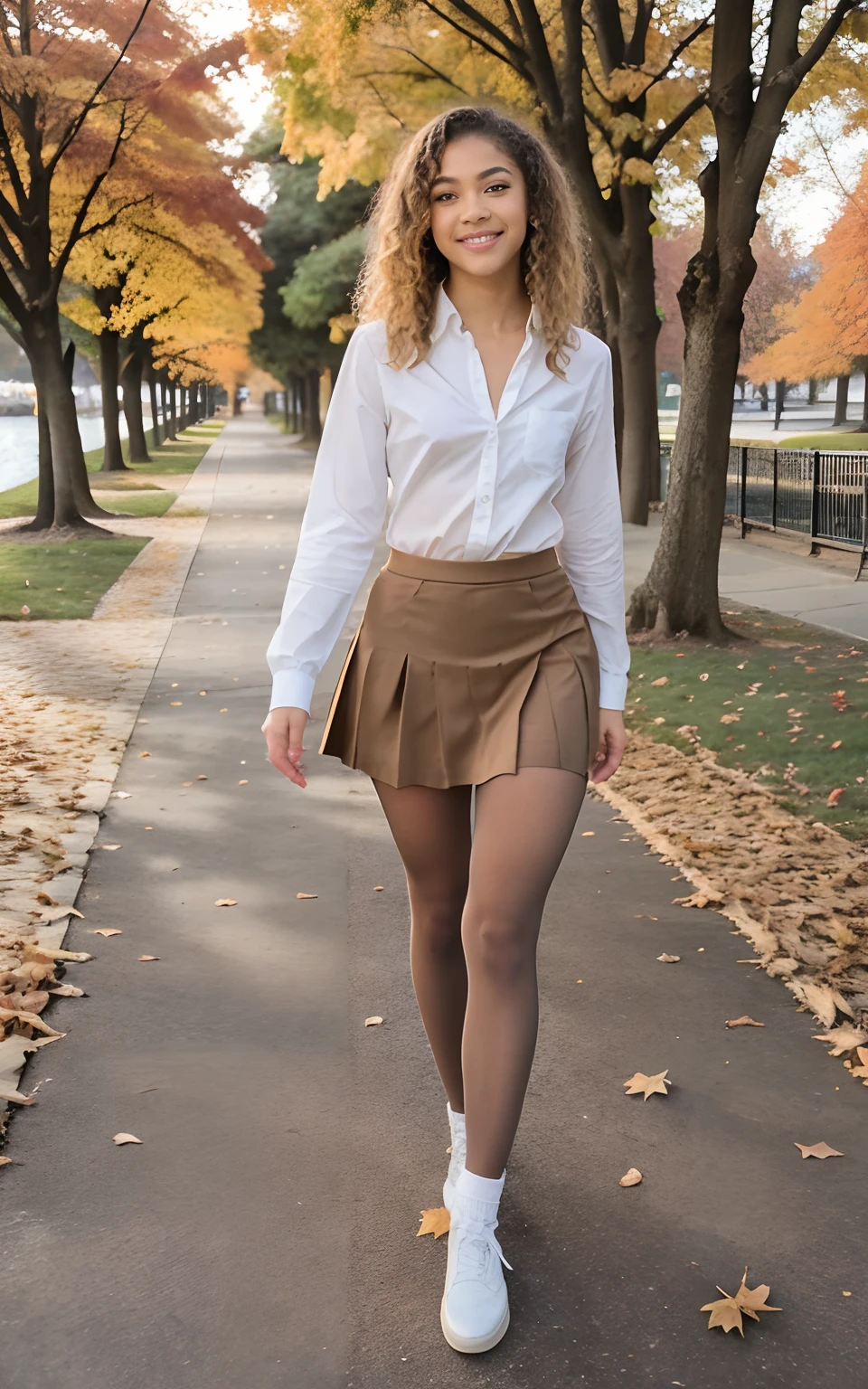 show entire body, feet in view, aerial view, Zendaya, curly blonde hair, skinny body, American school uniform, tiny skirt, smiling, pantyhose, no shoes, school hallway, , sunset, outside, fall, city lake, throwing leaves into the air, empty park, leaves on the ground, 8k, photorealistic