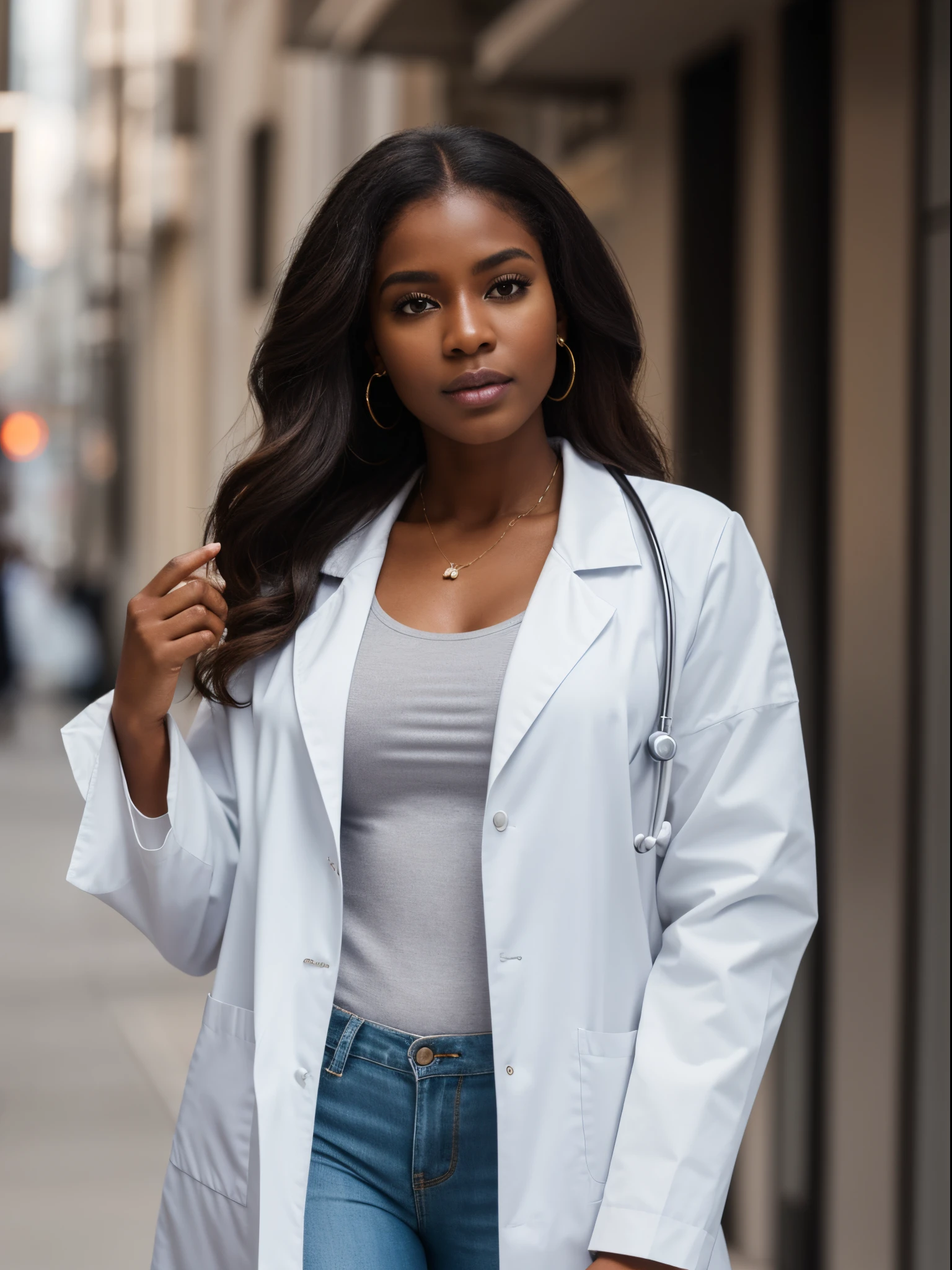 (Best quality,8k,ultra high res:1.2),(Black woman ),brown skin),(White doctor coat),(Blouse underneath)