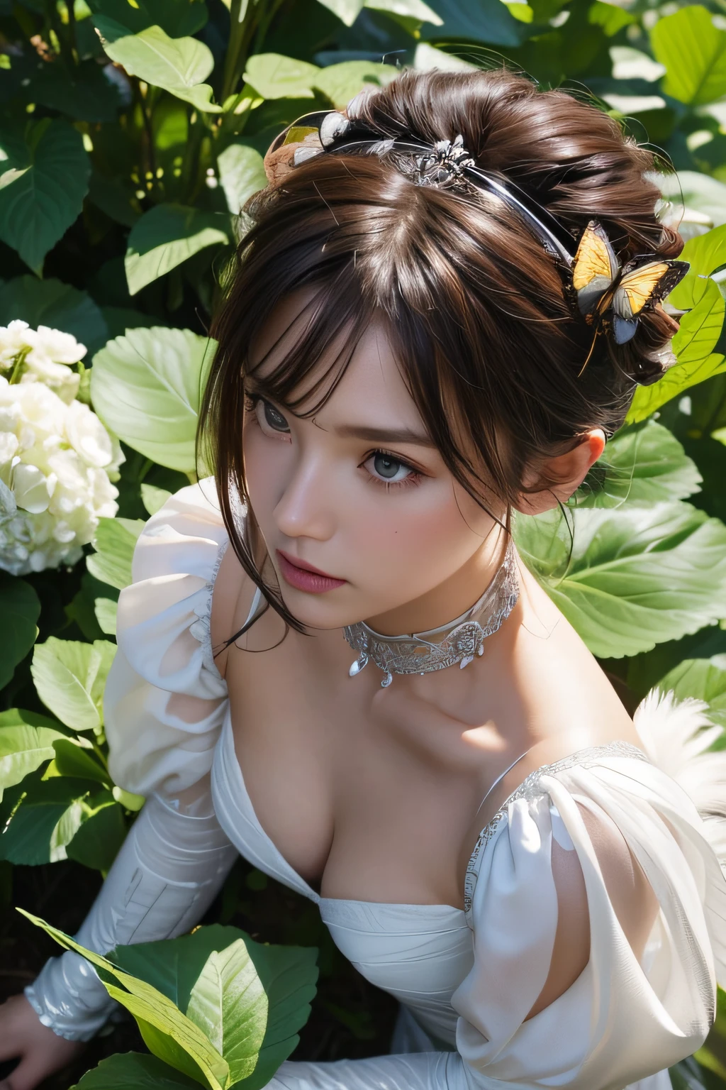 ((Extreme Detail)),(Ultra-detailed),(Painting), Chiaroscuro, the Extremely Detailed CG Unity 8K Wallpapers, Gwendolyn, Hip feathers, polearm holding, straplessdress, diadems, Detached sleeves, Choker, Armored Thigh Boots, Feather Hair Buns, Facing forward, Looking at Viewer, White background, bug, butterfly, tussock, hydrangeas, fronds, mushroom, Nature, plant, apple, Looking away, Looking Up, From above,