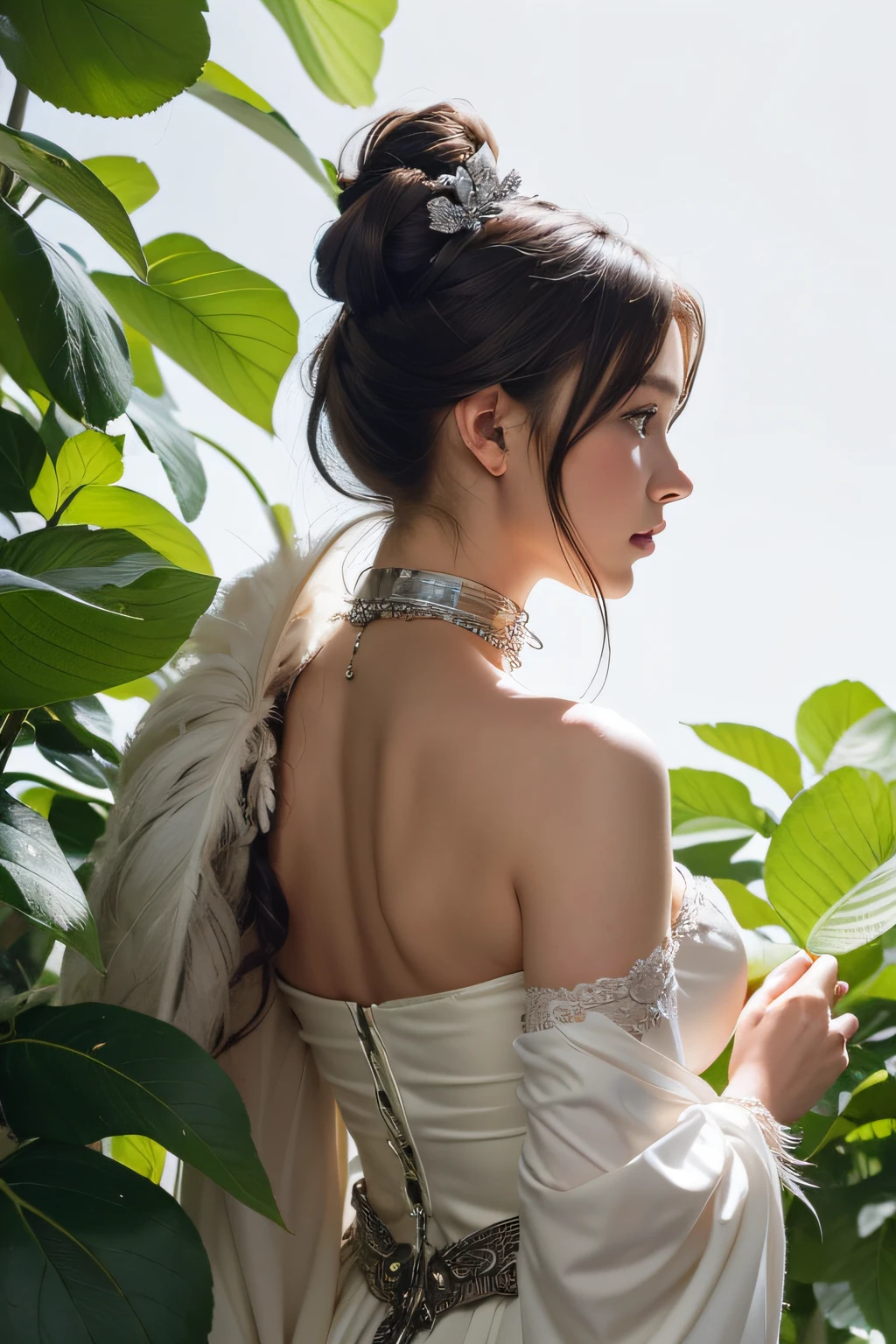 ((Extreme Detail)),(Ultra-detailed),(Painting), Chiaroscuro, the Extremely Detailed CG Unity 8K Wallpapers, Gwendolyn, Hip feathers, polearm holding,  straplessdress, diadems, Detached sleeves, Choker, Armored Thigh Boots, Feather Hair Buns, Facing forward, Looking at Viewer, White background, bug, butterfly, tussock, hydrangeas, fronds, mushroom, Nature, plant, apple, Looking away, Looking Up, From  above,