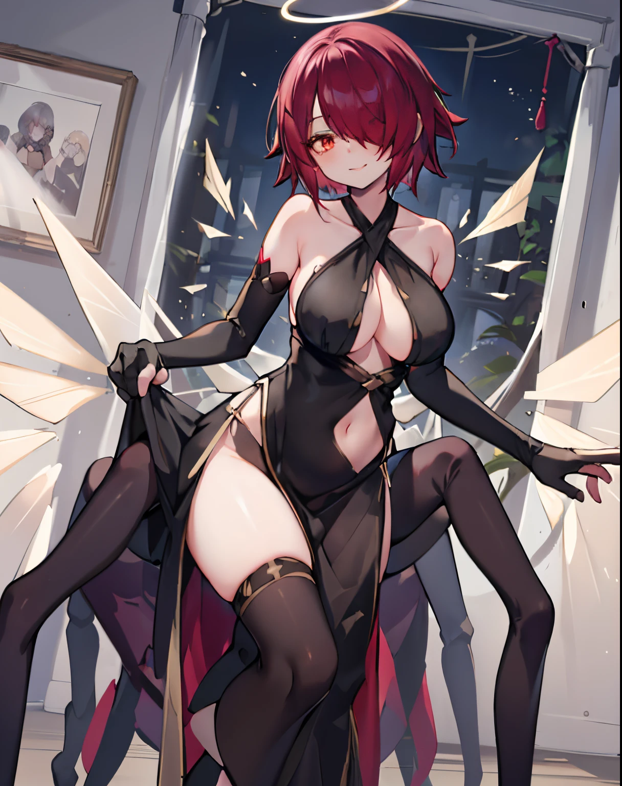 halo, detached wings, energy wings, exusiai \(arknights\), 1girl, solo, (black dress, long dress, criss-cross halter, elbow gloves, sleeveless, pelvic curtain, ), hair over one eye, night ,indoors, arachne, monster girl,