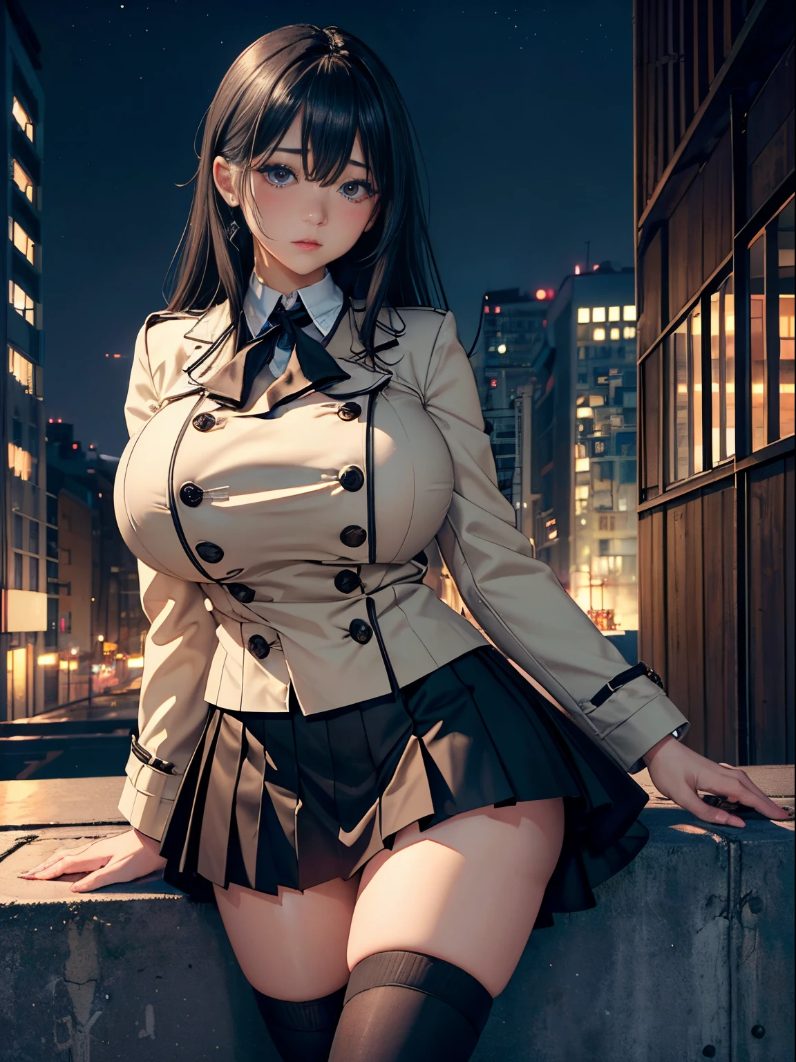a 20 yo woman、(masterpiece:1.4)、(in 8K、realisitic、Raw photo、top-quality:1.4)、(Real Face:1.4)、(real looking skin:1.3)、超A high resolution、A hyper-realistic、full bodyesbian、Black eyes、Black hair long hair、hair adornments、耳环、a necklace、beige stainless steel collar coat、Sweaters、muffler、flered skirt、knee sox、(huge-breasted:1.4)、Blushing、alluring face、On the roof of a building、nighttime scene、to stand