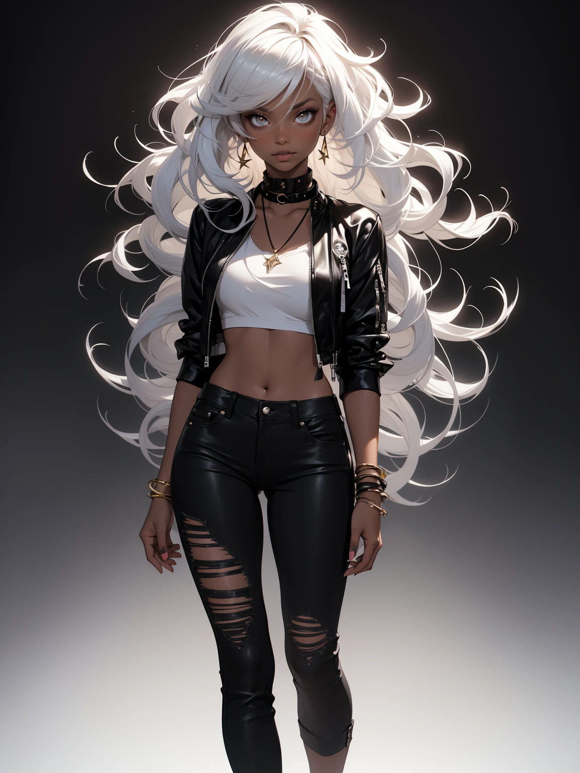 Full body, Make-up, Mascara, Lips are soft or coloured, Plain black background, Minimalism, Monotone, Simple colour palettes, Pure, Clear patterns, Flowing silhouettes, Punk, Pants, Ripped clothes, Rock, Skirt top, Asymmetrical, Geometric, Beachwear, Simple and minimalist accessories, Fine silver or gold necklaces and rings, Simple bracelets, Various designs, Simple silhouettes, Diesel style, Punk girl, Minimalism, High quality materials, Cool & City stamp, High fashion, Punk fashion, Red, black, ????. long curly hair, ((((( African American )))), (((( dark skin )))), looking at the viewer