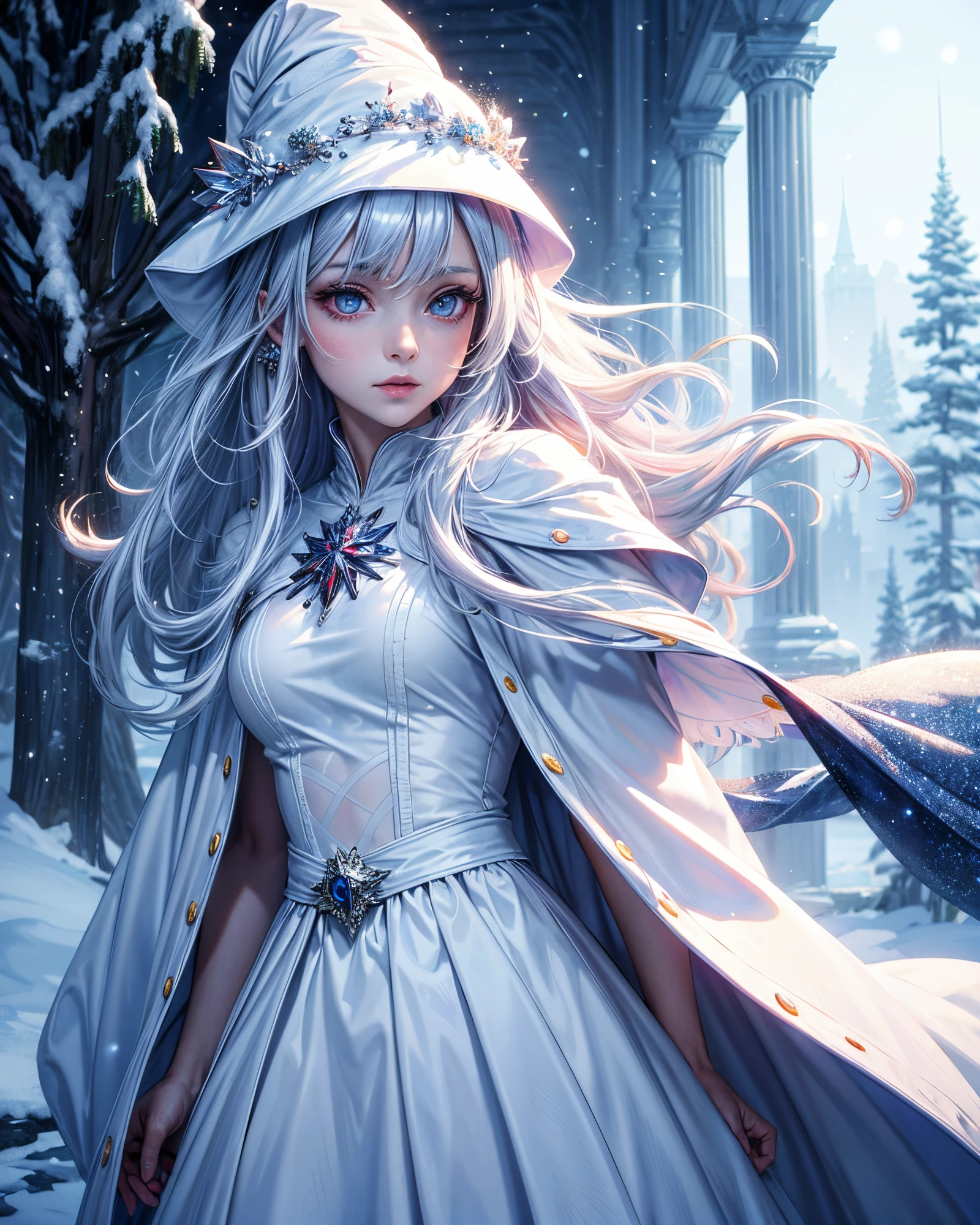 (masterpiece,best quality:1.5), photorealistic, vivid, vibrant ,1girl, solo, looking at viewer, crystalise eyes, ice, white dress, cystalize hair ornaments, white witch, white witch hat, white witch cloak ,glowing, snow, glowing eyes, snowy background, winter