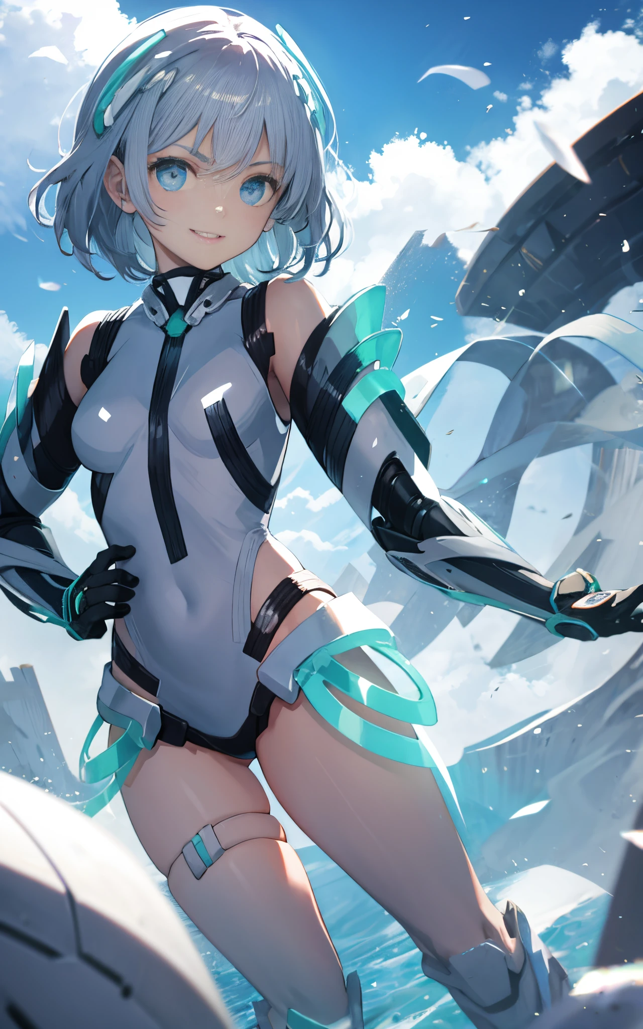 lightsmile, deva battle suit, Outdoors, Silver hair, bobhair, Blue eyes, waist shot