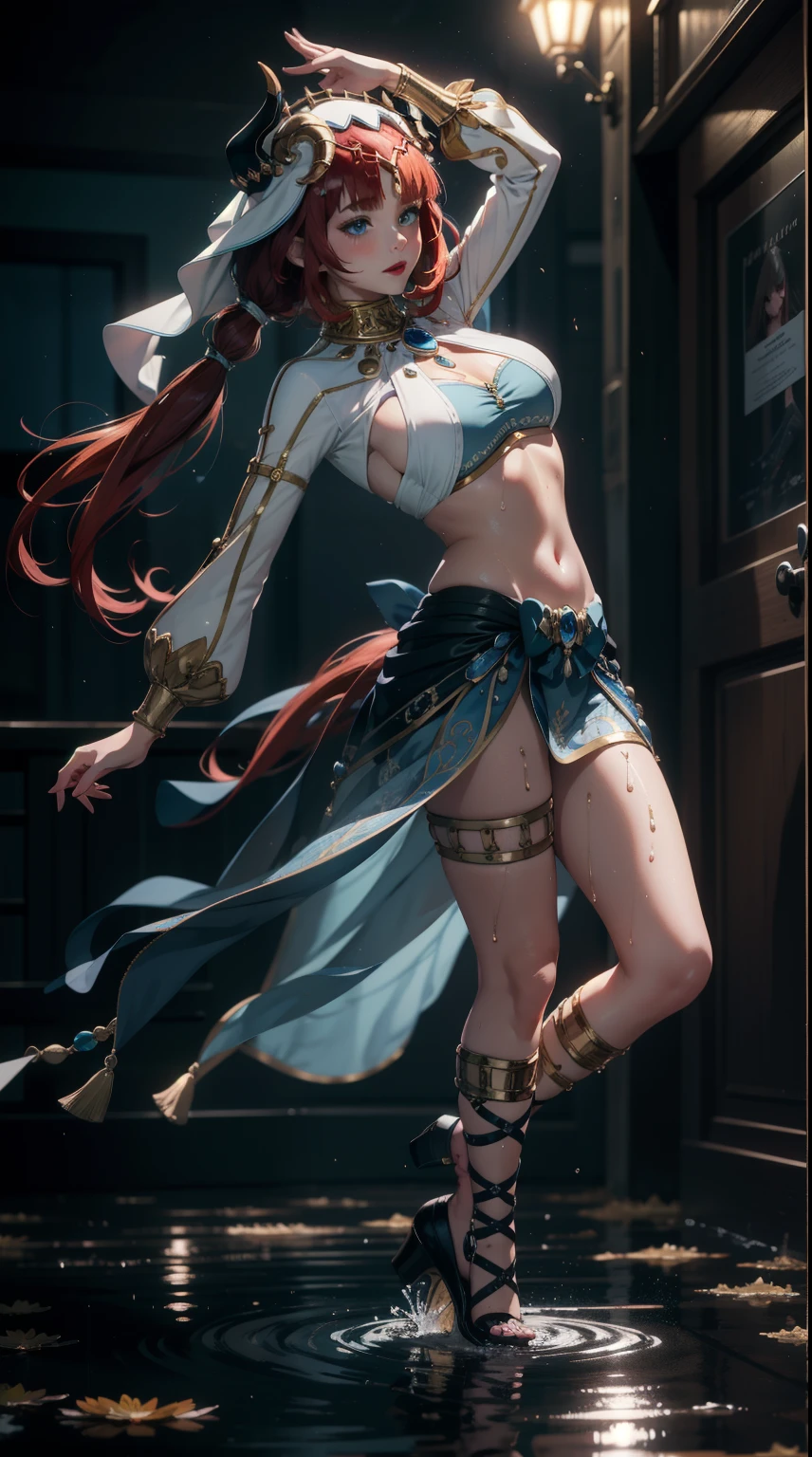 ((masterpiece)),(bestquality),((ultra-detailed)), ((beautiful detailed sky)), ((cinematic lighting)), depth of field, (dynamic angle),detailed lighting,(beautiful detailed eyes), ((dancing in puddles)),red lip, eyeshadow,large breast, ((erotic)), full body, cleavage, navel, niloudef