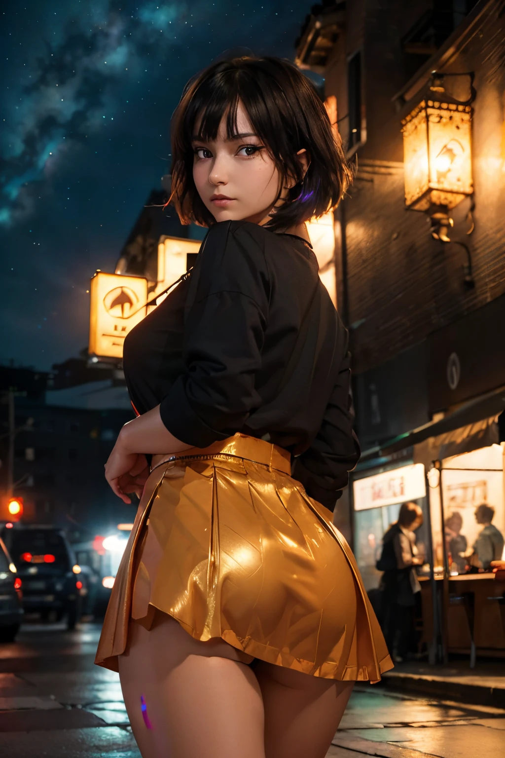 ((masterpiece)), (best quality),, official art, extremely detailed CG unity 8k wallpaper, highly detailed, shiny skin, Depth of field, vivid color,, 1girl, (curvy:0.4), (full body:0.6),, short hair, bangs, red eyes, skirt, looking at viewer, night, street, neon, looking back, star (sky), crowd, upper body,