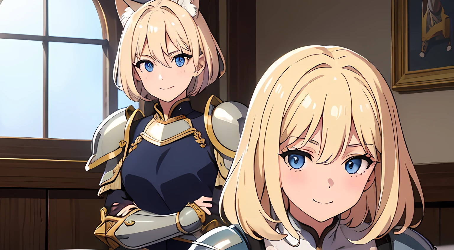 2 fox eared girl, beautiful eyes finely detailed, Face to detail, blonde hair color, short hair, 16th century outfit, higging each other, female knight armored, sitting on bed with arms behind her back, mischievous facial expression, smiling, blush on her face, full body, masterpiece sidelighting, ​masterpiece, top-quality, detailed, High resolution illustration