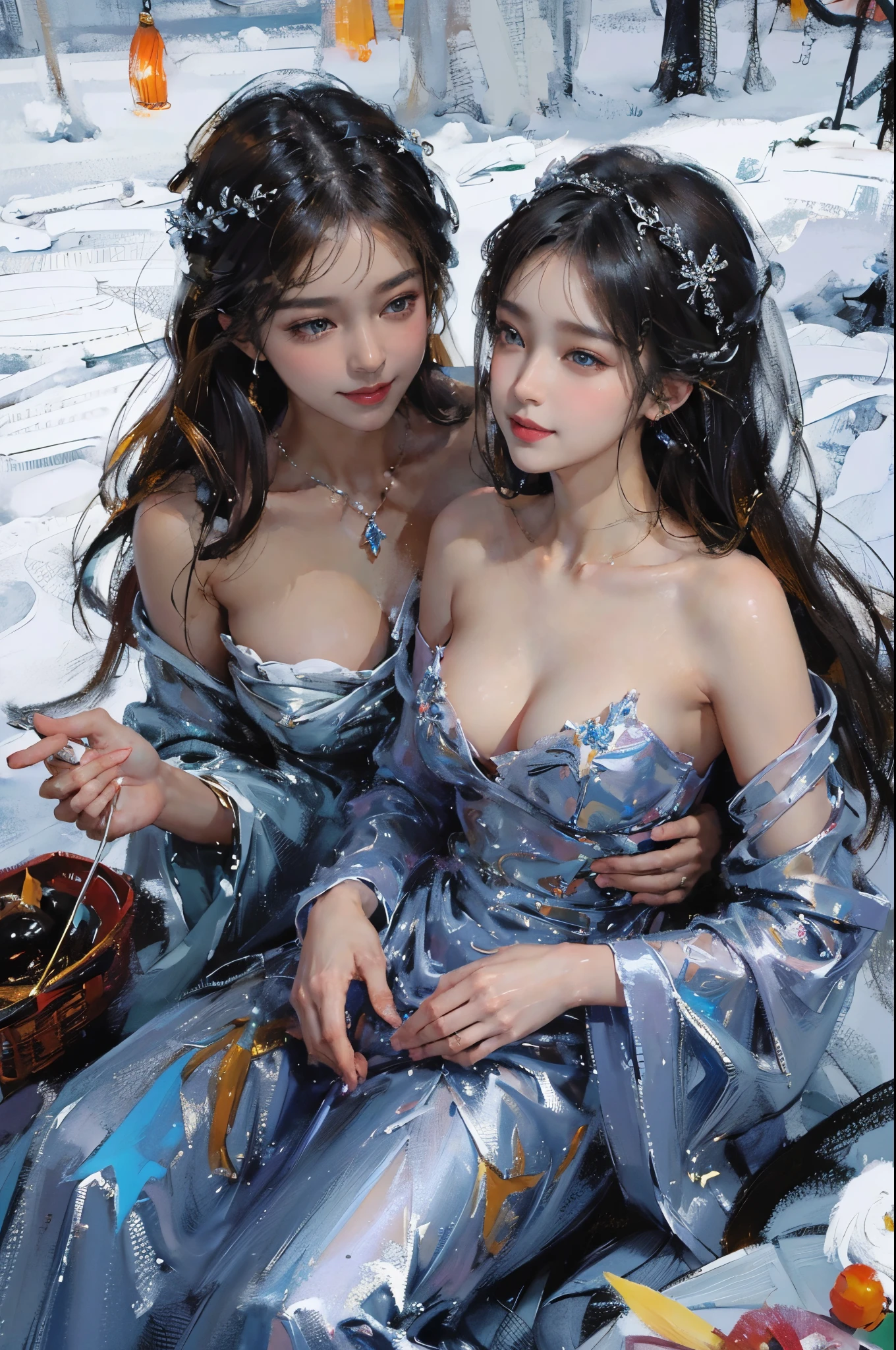 (2  girls),((Yuri))),((Eye contact))),(Look at each other),dancing in the snow, the night，A display of fireworks and a sea of lanterns，girl, ,(Best quality at best), ((tmasterpiece)), (A high resolution), pay,Perfect mature female figure, slim toned body,Original, mediuml breasts,High detail 8K wallpaper, Sweated,Wet hair,(very delicate beautiful),Contour deepening, realistically, Precise geometry, Complicated details,Smiling, long and flowing hair, Rises with the wind, Snowflake colorful gift,Close-up cleavage,((Sexual suggestiveness)),,(Fechin Oil Painting - Fechin Oil Painting , oil painted), 03