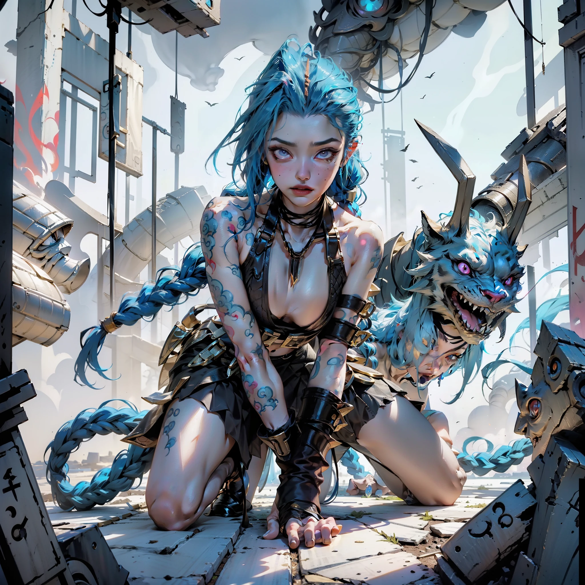 《league of legend》Jinx is surrounded by smoke in the rubble explosion,(Correct character proportions:1.1)(Beautifully carved fingers:1.3)(Crazy expression:1.5)irate
