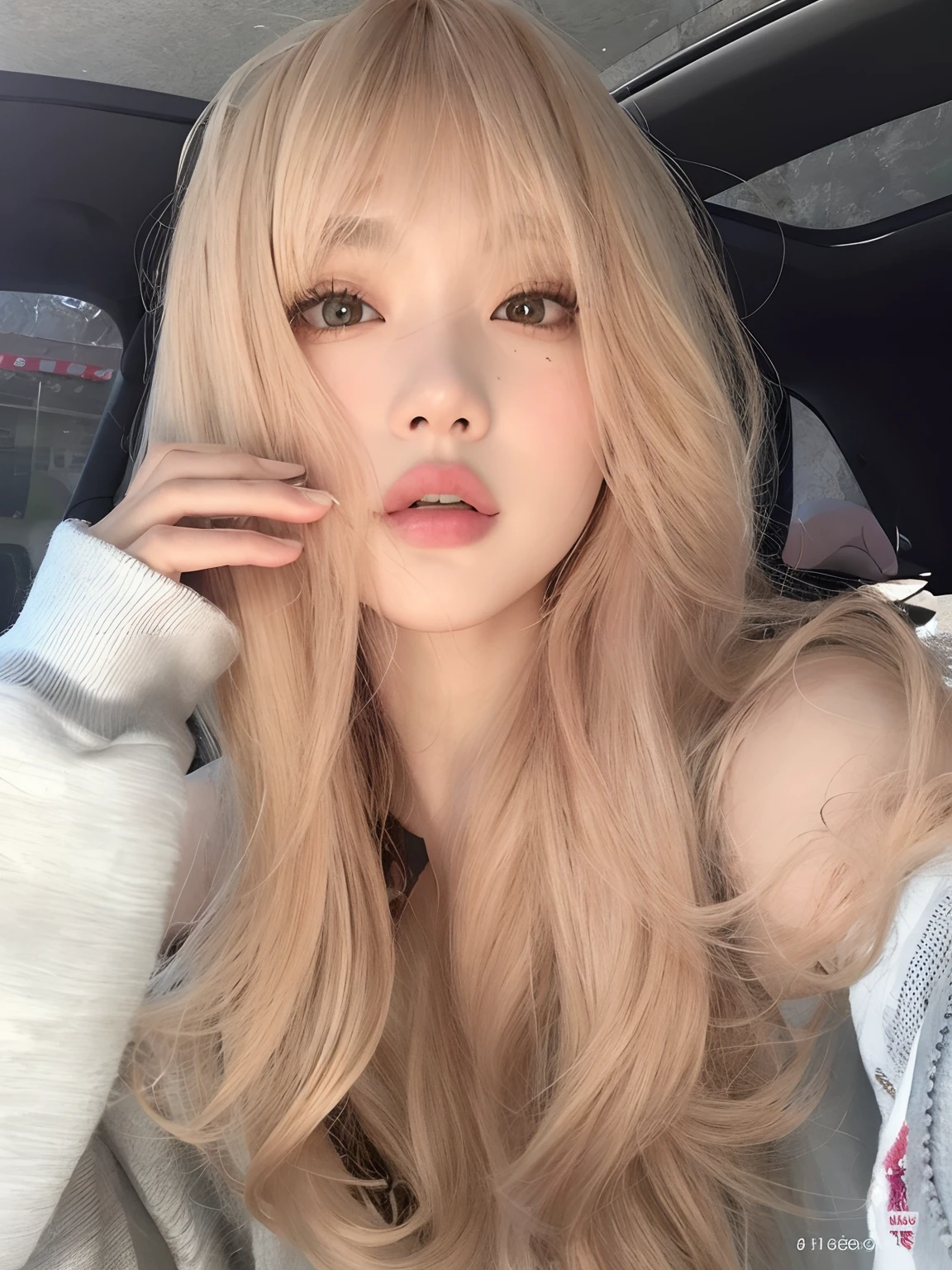 um close de uma mulher com longos cabelos loiros e uma boneca, Ulzzang, Lalisa Manobal, Lalisa Manoban do Blackpink, Parque Roseanne do Blackpink, longos cabelos loiros e olhos grandes, cabelos longos com franja, cabelo comprido com franja completa, longos cabelos brancos e franja, com franja, com franja completa, com longos cabelos loiros