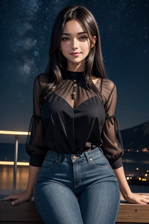 first person POV; Young adult female; sitting atop the viewer; shy smile; gazing deep into the viewer's eyes; comfortable pose; leaning in towards the viewer; dark brown hair flowing in the breeze; toned slender physique; sparkling amber eyes; deeply loves the viewer; wearing a fitted black blouse and blue jeans; star-studded night sky background; detailed skin; visible pores; surreal;