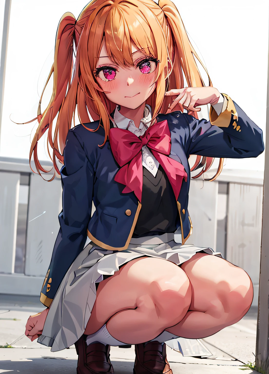 Hoshinolby, 1girl in, Solo, medium breasts, Skirt, Blonde hair, Black vest, sox, Brown Footwear, Bow, School uniform, Long hair, shoes, Jacket, White socks, bowtie, lowfers, blush, knee high, pink bows, grey skirt, Blue jacket, Open jacket, Pink eyes, Shirt, One side up, White skirt, White shirt, Long sleeves, star-shaped pupil sunny, plein air
