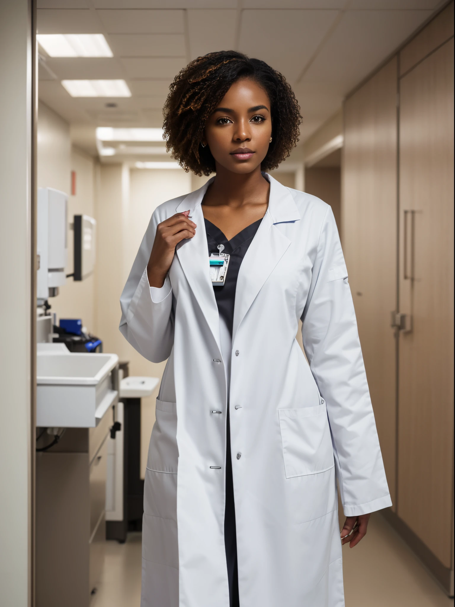 (Best quality,8k,ultra high res:1.2),(Black woman ),brown skin),(White doctor coat),(Blouse underneath),(at hospital)