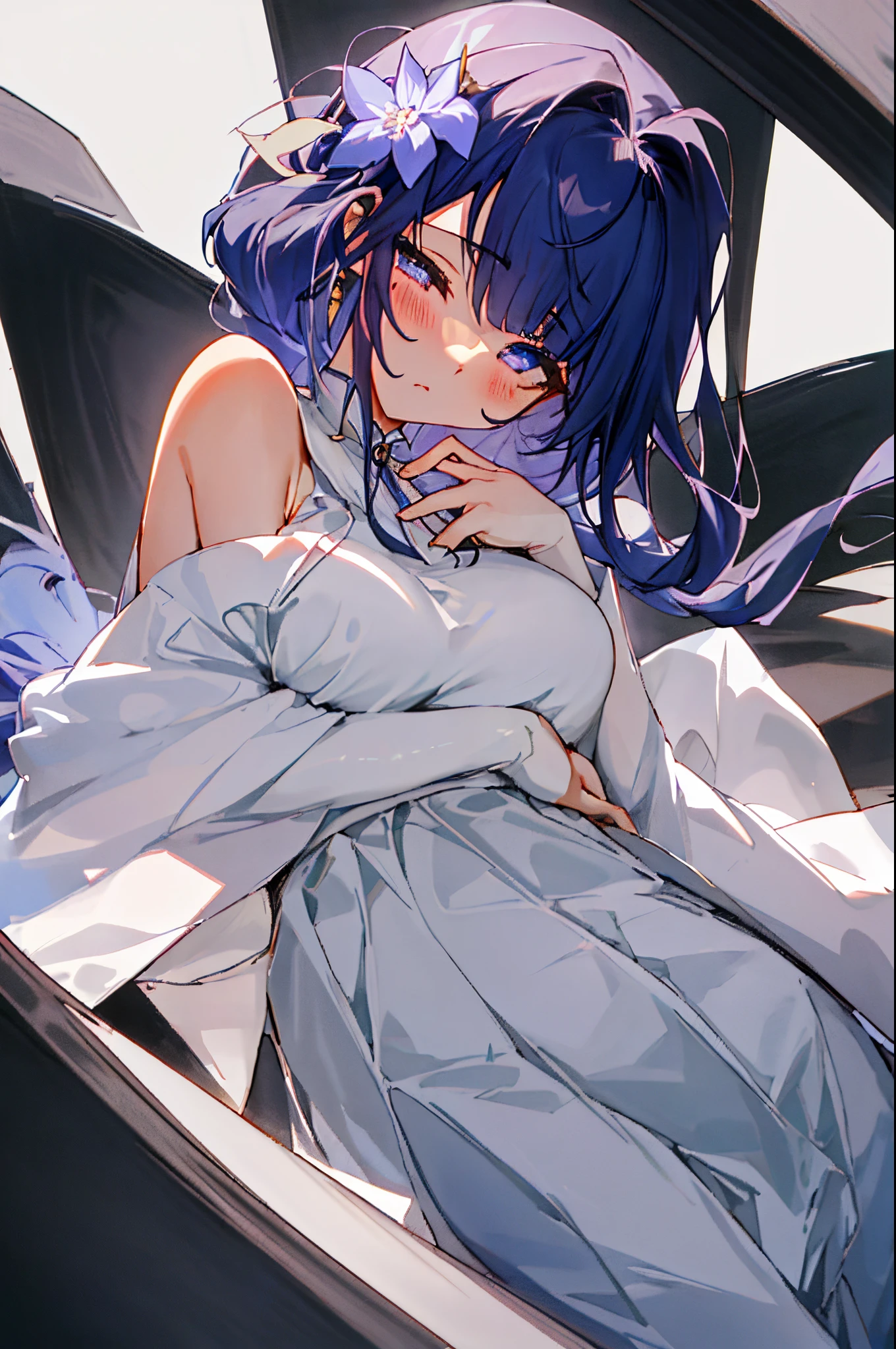 ((tmasterpiece,Best quality at best)),1个Giant Breast Girl,独奏, Ultra-detailed eyes,Upper part of the body,exposed bare shoulders,Playful and cute,校服,sleepily