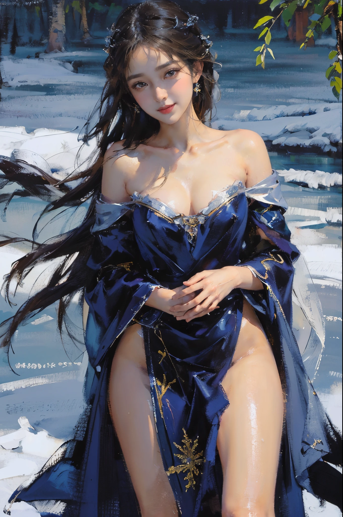 (2 girls),((Yuri))),((Eye contact))),(Look at each other),dancing in the snow, girl, ,(Best quality at best), ((tmasterpiece)), (A high resolution), pay,Perfect mature female figure, slim toned body,Original, mediuml breasts,High detail 8K wallpaper, Sweated,Wet hair,(very delicate beautiful),Contour deepening, realistically, Precise geometry, Complicated details,Smiling, long and flowing hair, Rises with the wind, Snowflake colorful gift,Close-up cleavage,((Sexual suggestiveness)),,(Fechin Oil Painting - Fechin Oil Painting , oil painted), 04