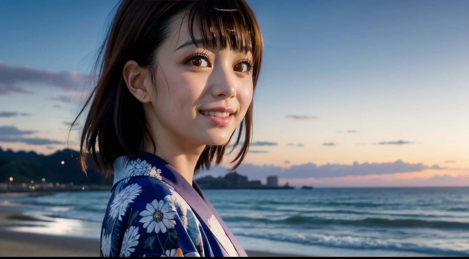 (((sfw))), masterpiece, high quality, highly detailed, (beautiful detailed face, detailed backgroung), full scenic shot), 1girl, kisaki onodera, kimono, smiling, looking at viewer, body facing viewer, standing at a beach, beautiful starry sky, milky way, natural lighting, smooth shadow,