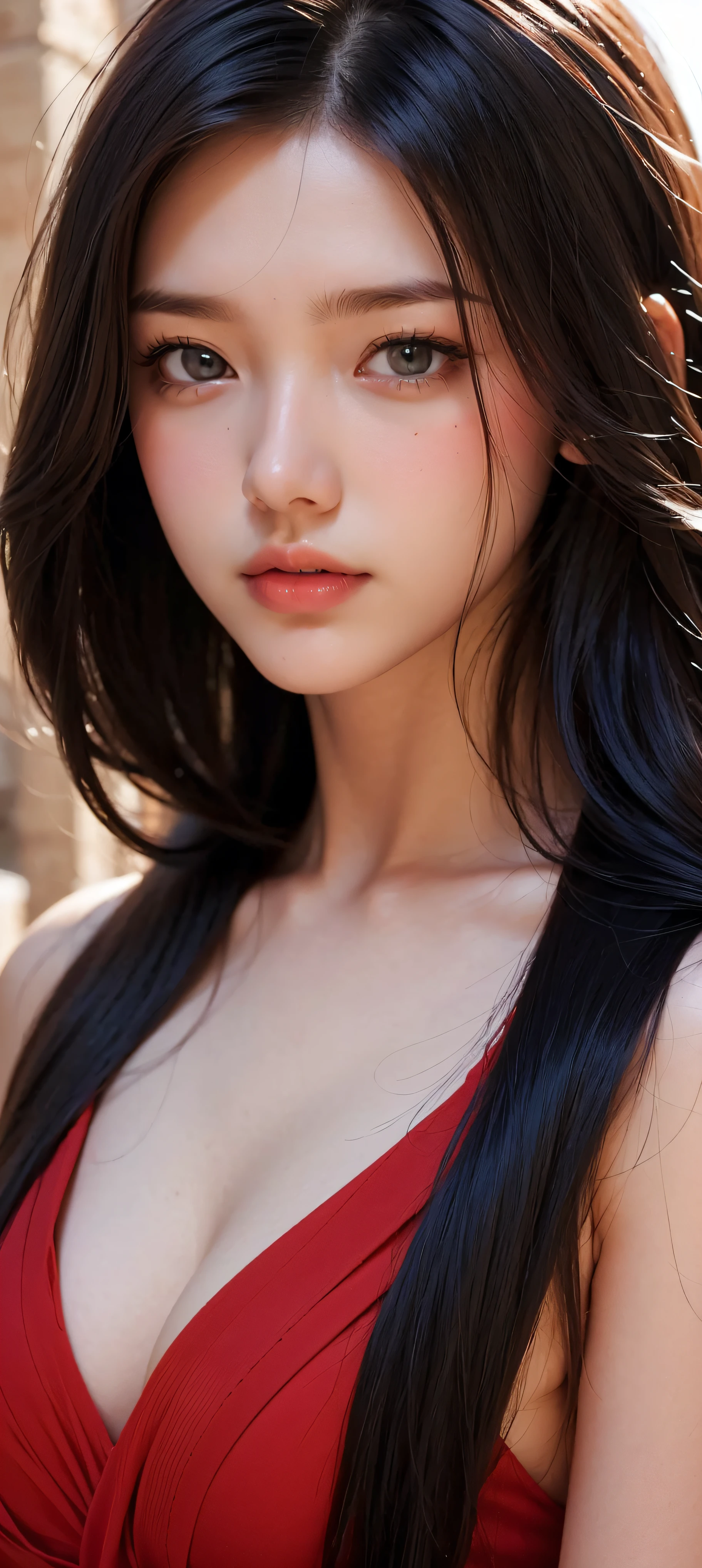 1 female, 18 years old, close up upper-body portrait, Black hair, Flowing hair, Hazy beauty, with extremely beautiful facial features, Red dress, ,  , (spring,terraces, ), Simple vector art, , Soft light, Layered Forms, looking-down