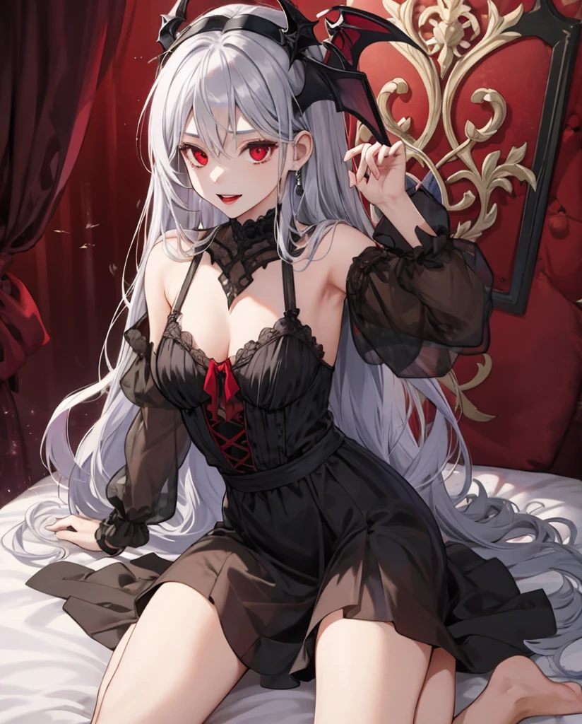 Vampire cure,1girl in,1 Vampire,Silvery hair,Red eyes,Black dress,sexual act