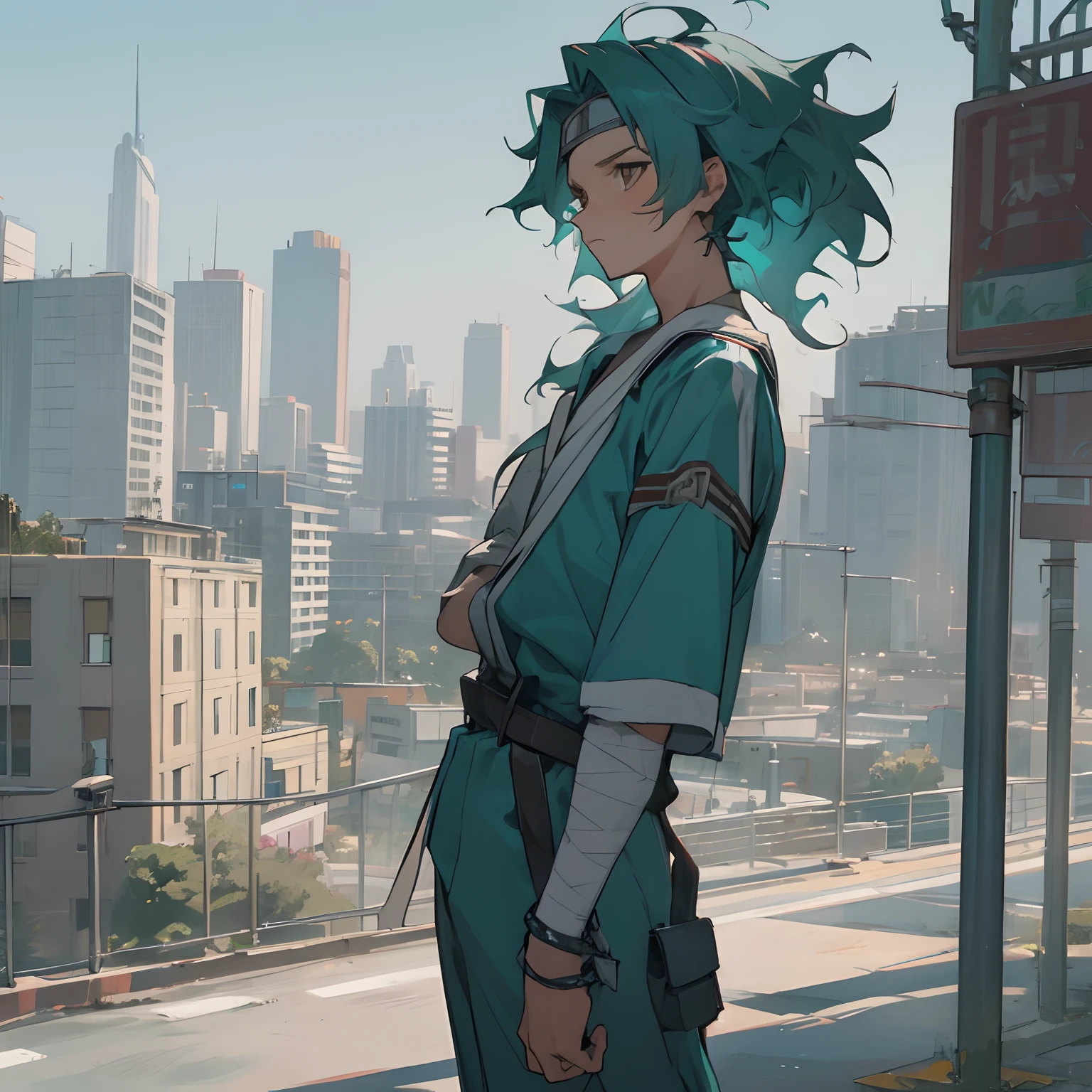 Medium Length Spiky Wavy hair , headband , bracelet , bandage on one arm , Teal Colored Hair , brown eyes , School Uniform Jumpsuit , city background , standing infront of street , Messy Hair , 1male , Teen Male , Lean Build