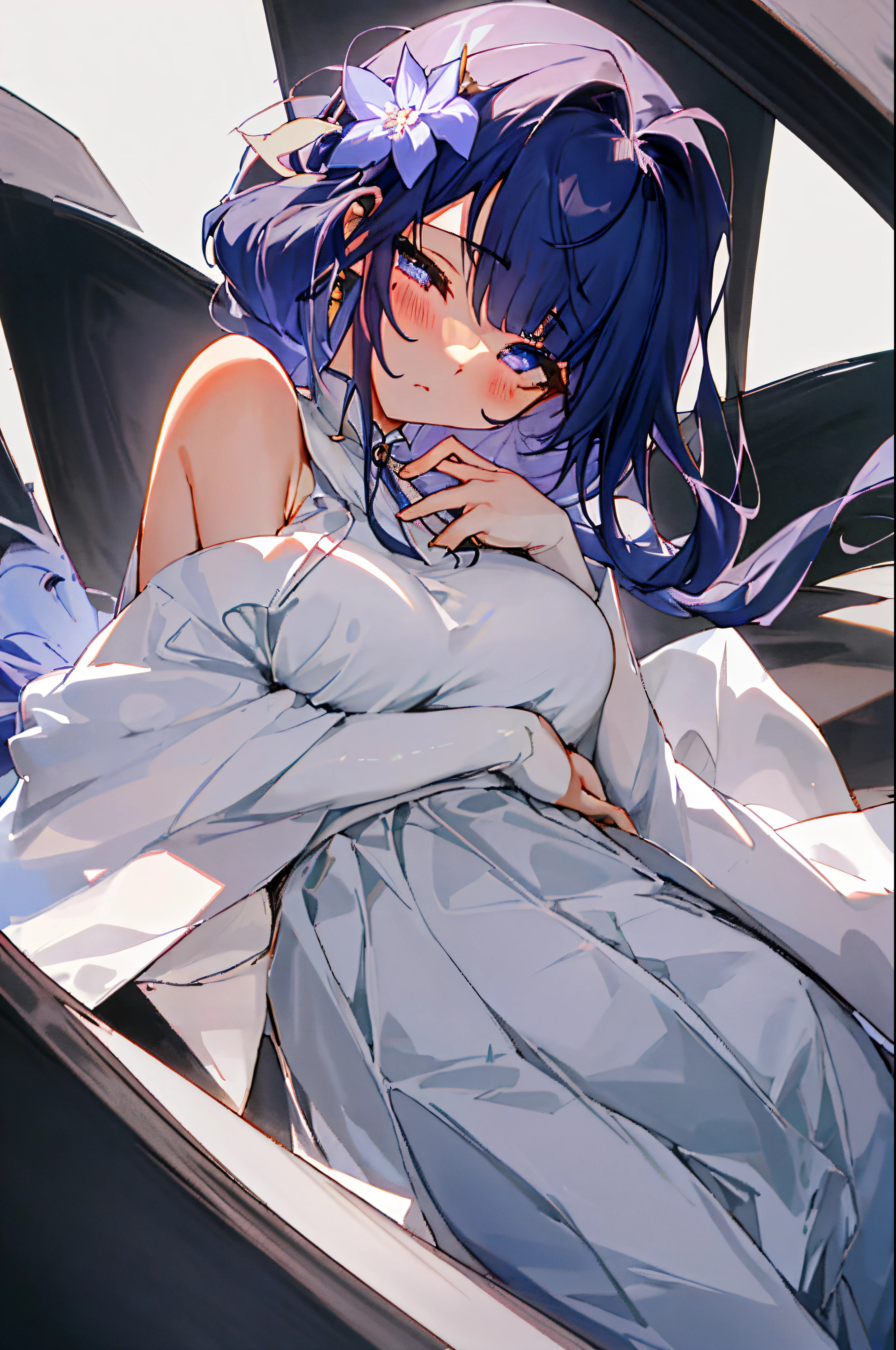 two anime women sleeping embraced in a big bed, detailed, medium swooping shot, soft light, glow, night atmosphere, (muted colors: 1.2)