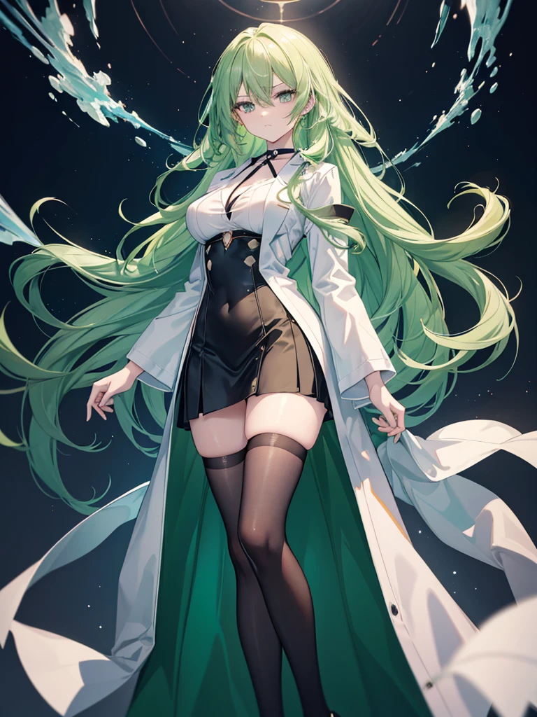 1girl, anime girl, green emerald hair, very long hair, green emerald eyes, beautiful eyes, perfect body, cold beauty, ice queen, mature woman, mature look, mature appearance, mature body, long legs, big breasts, delicate fingers, high quality, long black stockings, white doctor coat, black skirt, black high heels, black choker, slender body, arrogant expression, disinterested expression, dominant expression, dominant appearance, intelligent appearance, mature face, slightly curly hair, 4k wallpaper, scientist clothes, doctor clothes, masterpiece, extremely beautiful detailed anime face, standing arrogantly with arms crossed, laboratory