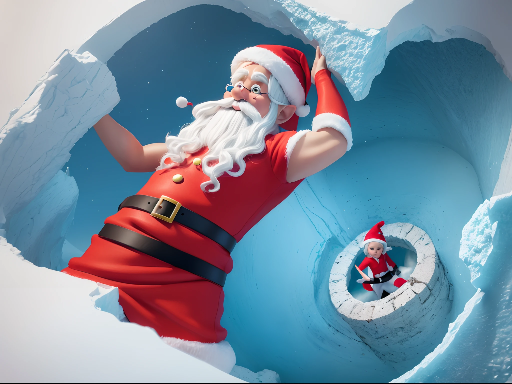 (ultra-detailed, vivid colors, humorous),3D, Santa and an Elf peeking out of a circular broken hole in an ice wall, white background, illustration.
