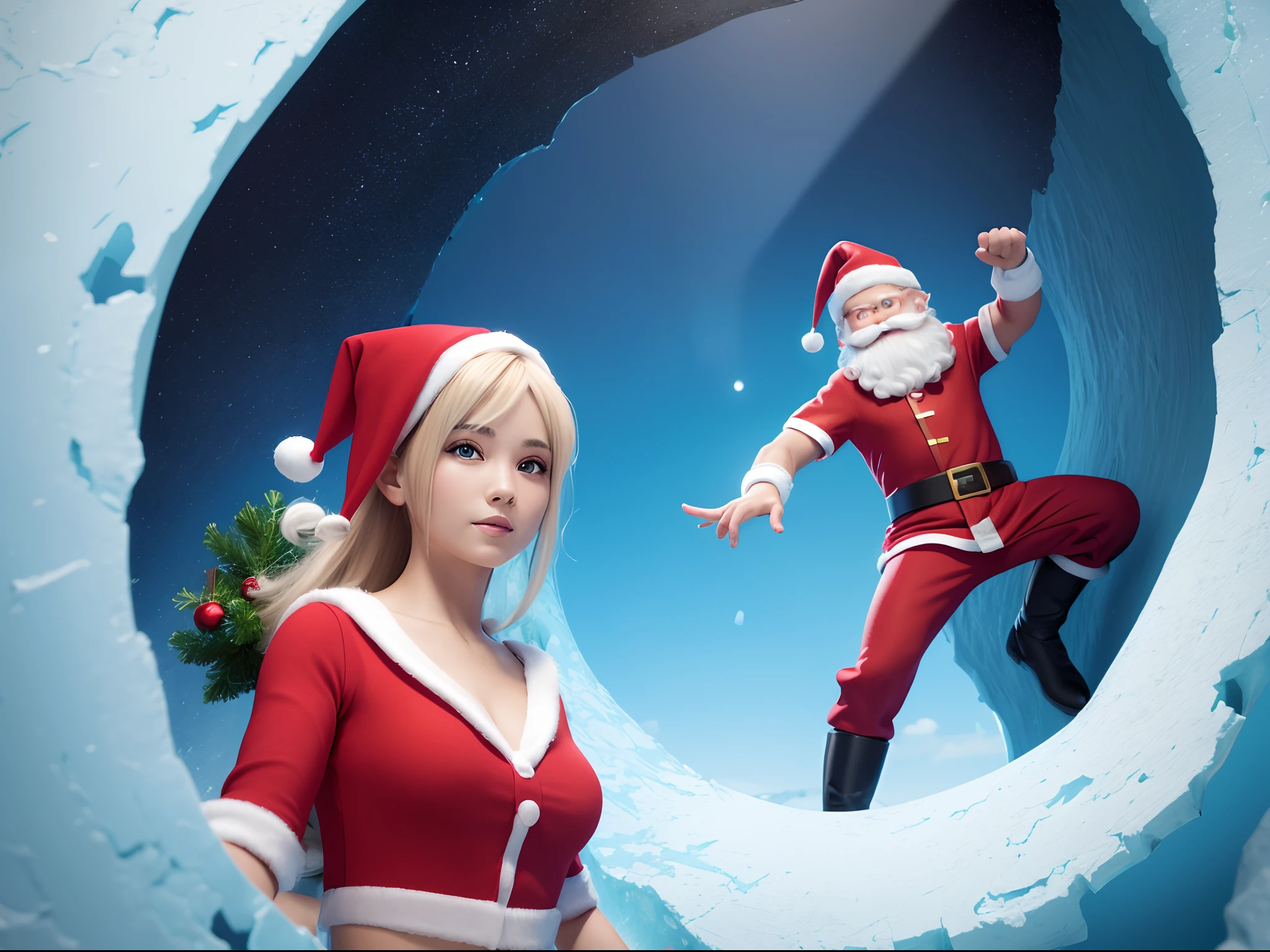 (ultra-detailed, vivid colors, humorous),3D, Santa and an Elf peeking out of a circular broken hole in an ice wall, white background, illustration.