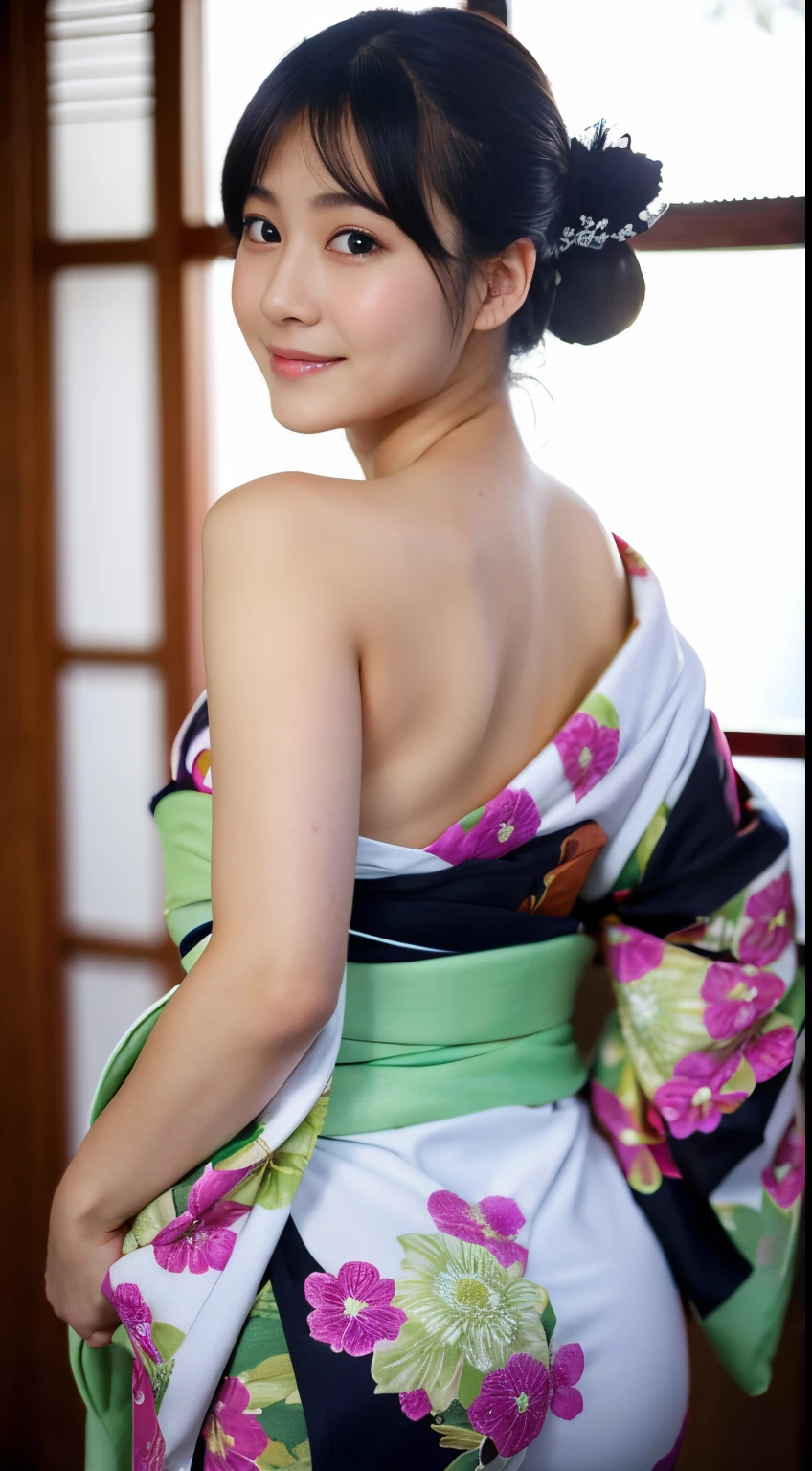 Best-quality, Masterpiece, Ultra-High-Resolution, (Photorealistic:1.4), Raw-Photo, Extremely-Details, Perfect-Anatomy, 1girl, the most popular Japanese idol, back view, cowboy-shot, upturned extremely beautiful hip, extremely cute face like a very famous Japanese idol, extremely beautiful big black eyes, extremely beautiful black hair, extremely beautiful white skins, extremely beautiful hip, ((wearing only gorgeous Japanese KIMONO)), innocent smile, looking at viewer, detailed gorgeous Japanese KIMONO, detailed face, detailed eyes, detailed hair, detailed white skins