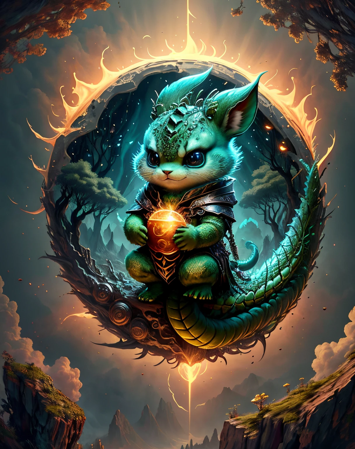 Top image quality、"Create cute creature masterpieces with inspired ultra-detailed concept art. Let your imagination come alive", (shenron), high detailing, in 8K、Top image quality、Dressed as a hunter in medieval Europe、Cover your whole body with thunderclouds