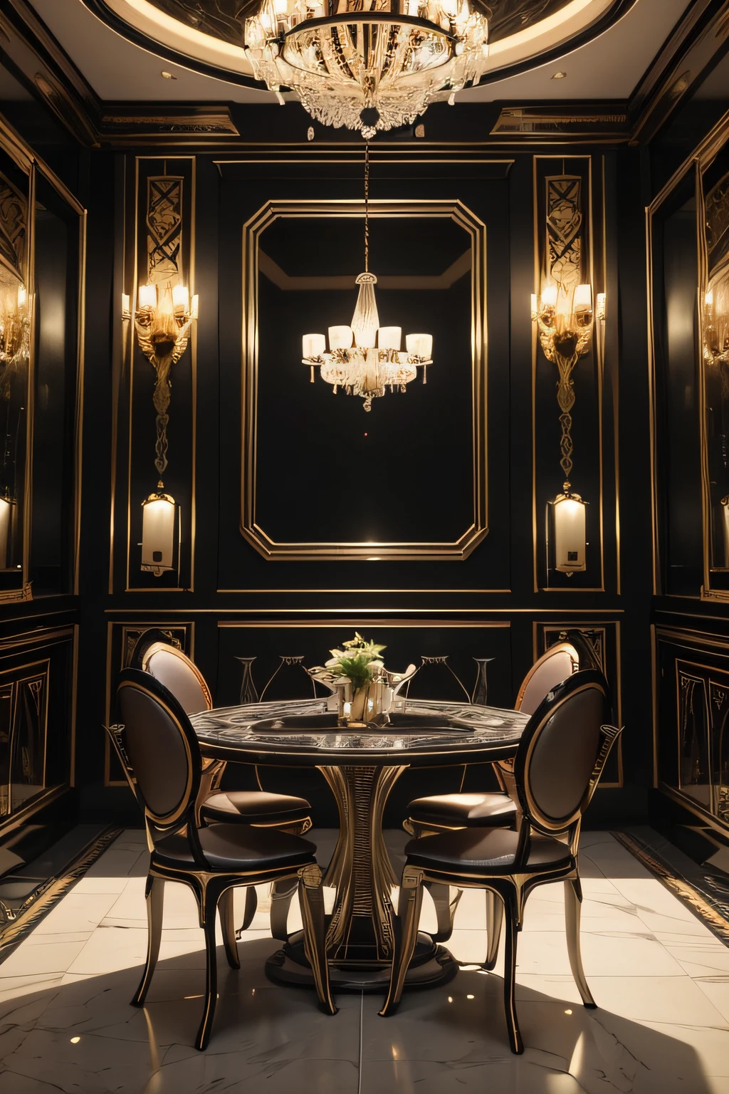 There is a dining room with tables, chairs and chandeliers, cgsociety 9, futuristic persian palace, CG Society Real Engine, Redshift Houdini, Futuristic. Game CG, Unreal Engine Cinema 4D, Glamorous cyberpunk interior, Ultra-realistic symmetry 8K, Rene Lalique and Eddie Mendoza, Cinematic Unreal 5, Cinematic Smooth Unreal Engine