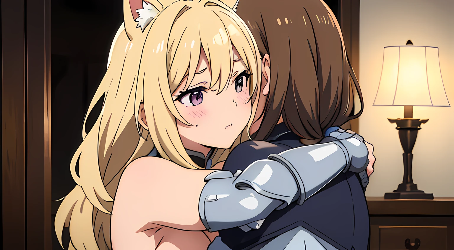 masterpiece, best quality, 2 cat eared girls, (hug), blush on their face, (groping), female knight armored, hand on chest, girl, touching breast, (full body:0.6), standing and hugging each other.