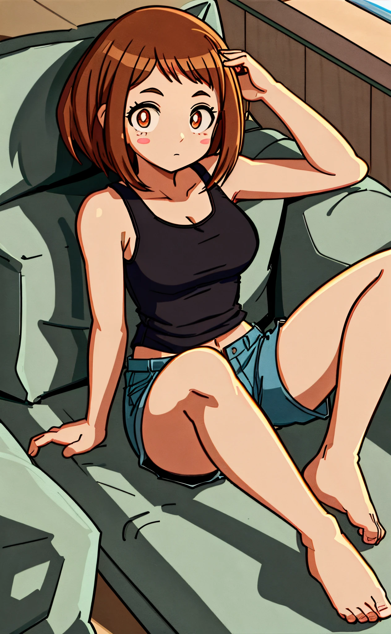 [ochako uraraka], [Boku no hero academia], ((masterpiece)), ((HD)), ((high quality)), ((solo portrait)), ((front view)), ((full body)), ((feet visible)), ((anime)), ((detailed shading)), ((soft shading)), ((intricate details)), {ochako, (rosy cheeks), (big round brown eyes), (small pupils), short brown hair, short eyelashes, large boobs, (gorgeous hips), (beautiful legs), (beautiful feet), (expressionless)}, {(black tank top), (blue shorts)}, {(on couch), (laying on back), (head on pillow), (hands behind head), (looking at viewer)}, [Background; (living room), (sun rays)]
