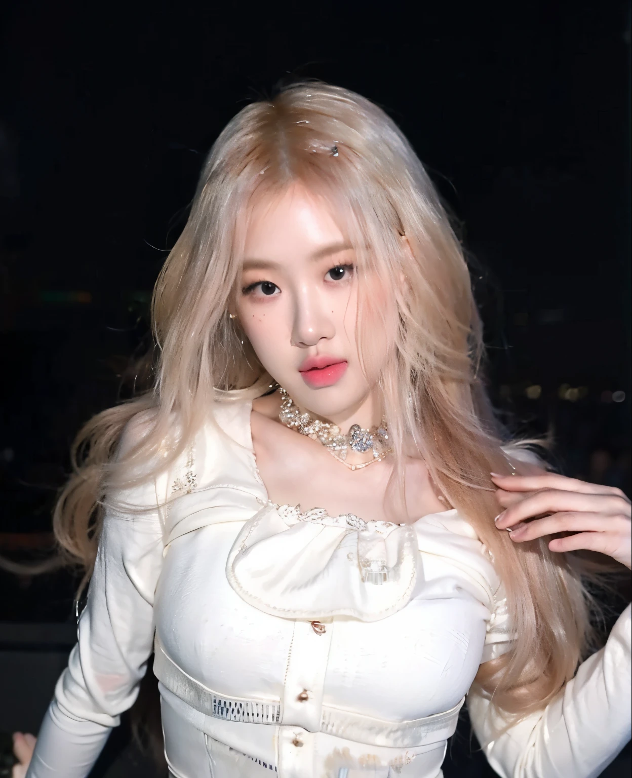 Blackpink Rosé, blonde, wavy hair, big lips, thin nose.