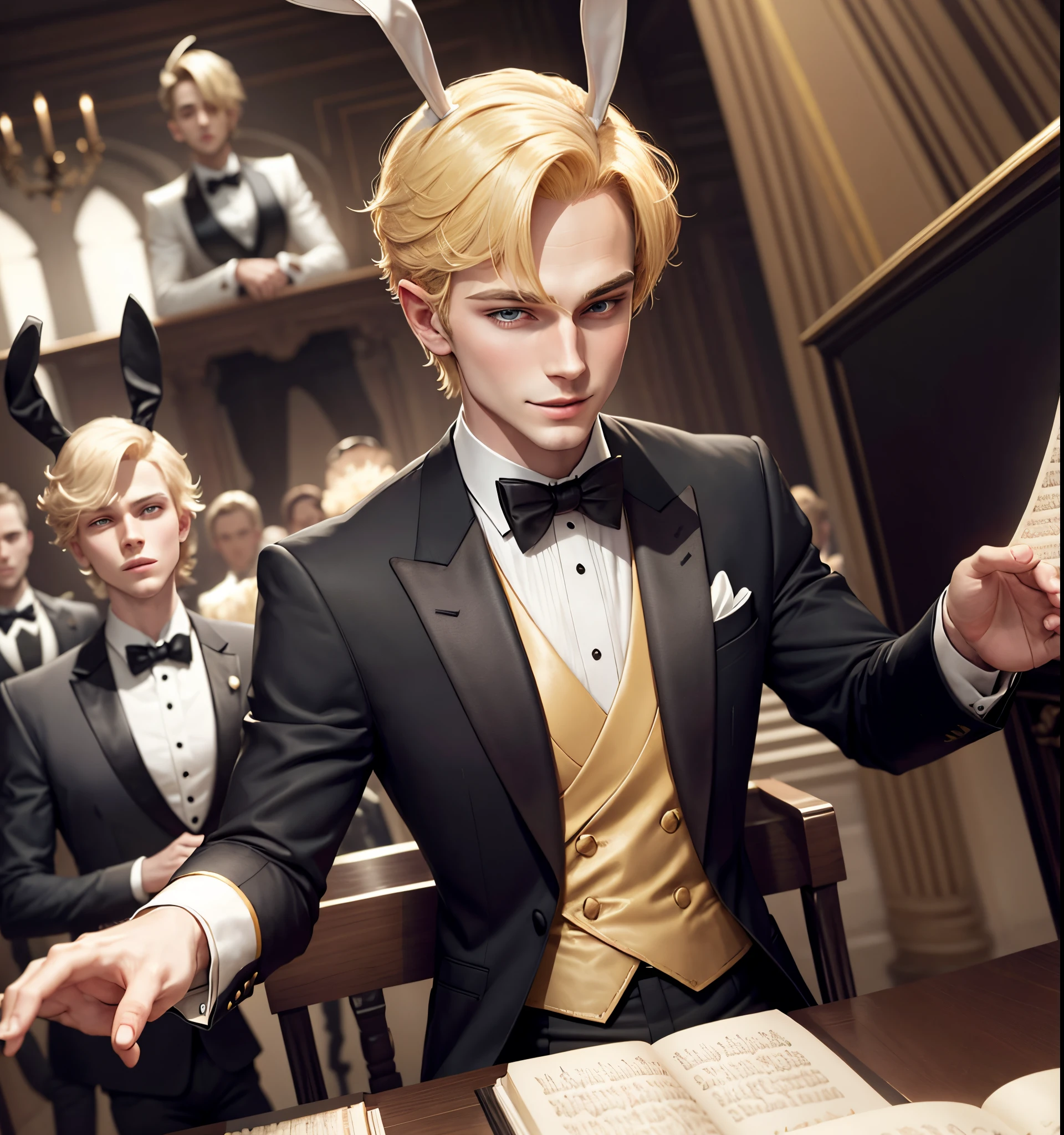 A blond bobbed prince with bunny ears is wearing a tuxedo and playing the piano.