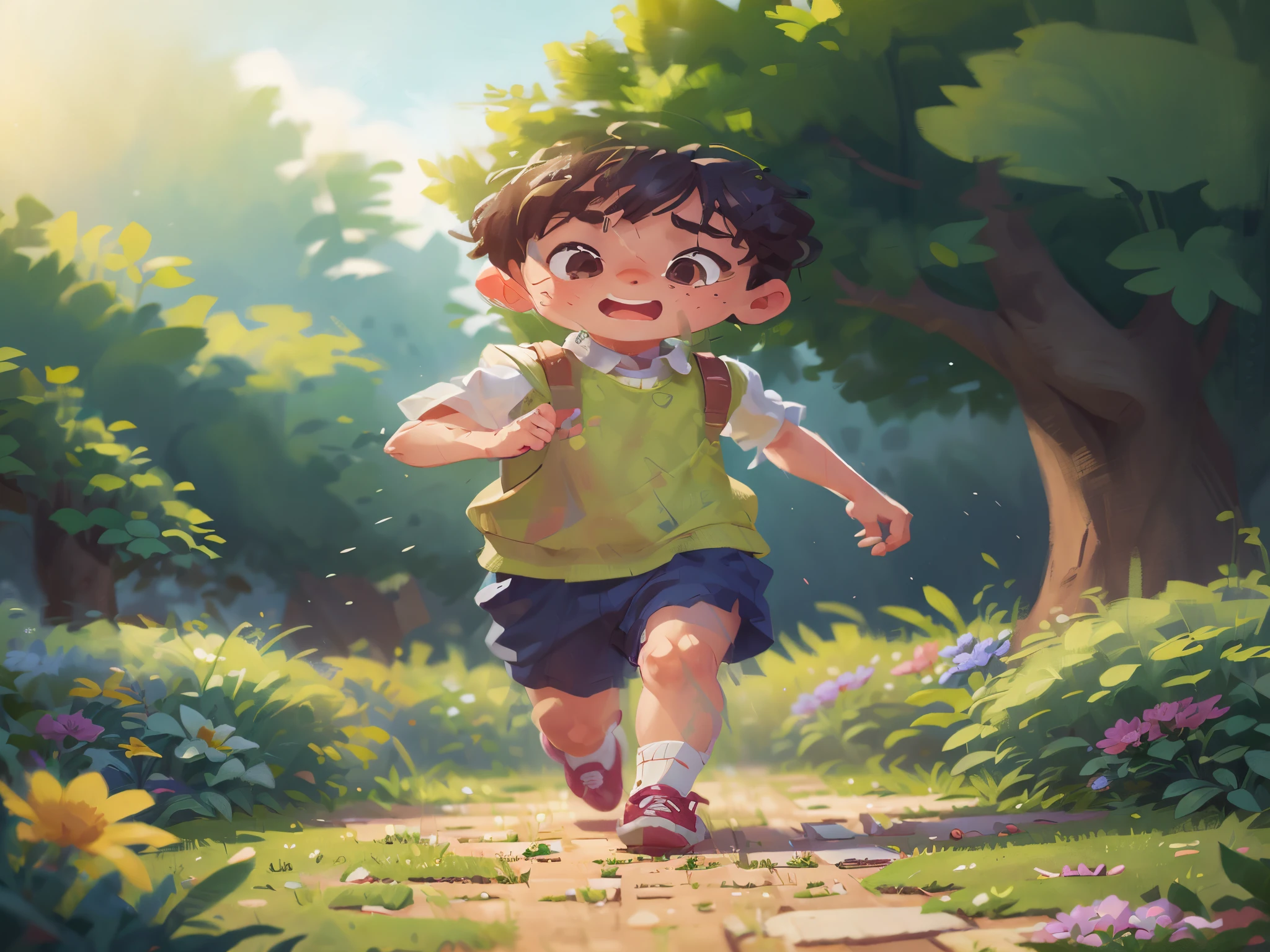 A 6--old l is running in a garden, she is wearing gardener's clothes, is scared, scared, side view of the scene, perfect quality, clear focus (mess - house: 0.8), (masterpiece: 1.2) (Realistic: 1.2) (Bokeh) (Best quality) (Detailed Skin: 1.3) (Intricate Details) (8K) (Eye Detail) (Sharp Focus), (Unhappy)
